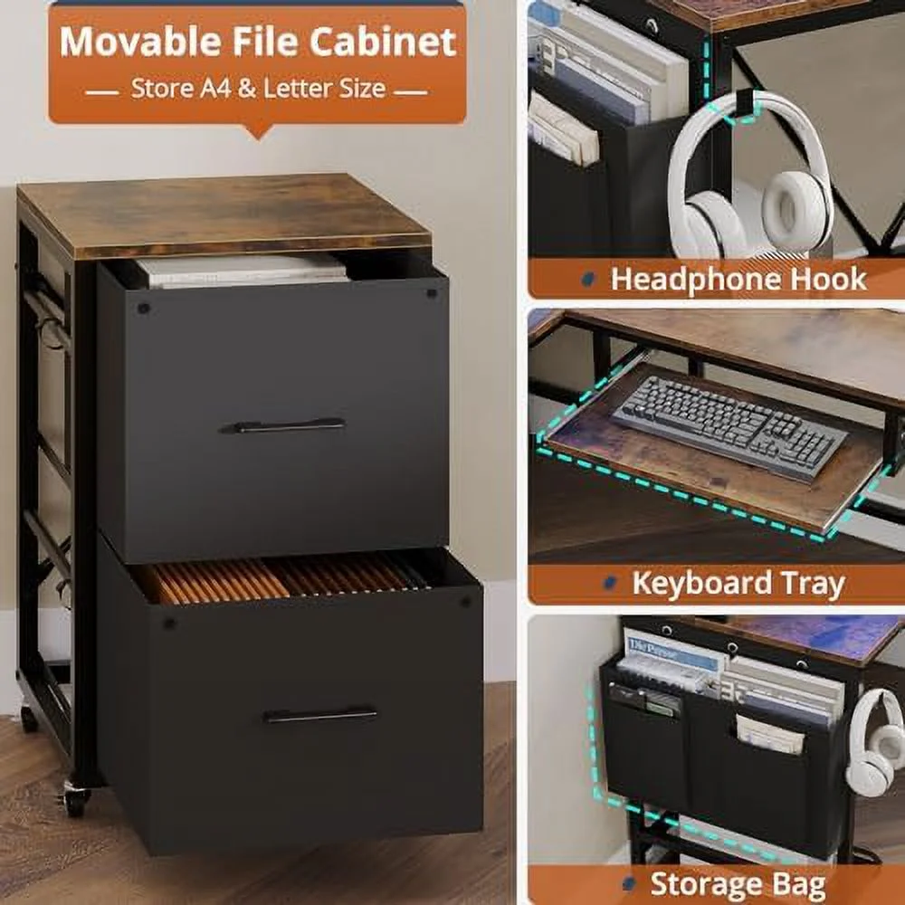 HBROLJF L Shaped Gaming Desk with Shelves  55in Reversible Home Office Desks with Power Outlet RGB Led Strip Movable File Cabinet Keyboard Tray 2 Drawers (Rustic Brown)