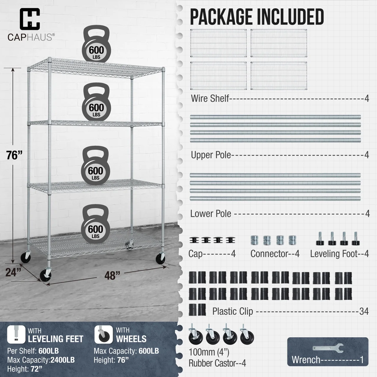 CAPHAUS NSF Heavy Duty Commercial Adjustable Wire Shelving w/ Wheels & Leveling Feet, Kitchen Storage Metal Shelf, Garage Storage Shelving, Utility Wire Rack Storage Unit, Silver 48 x 24 x 76 4-Tier