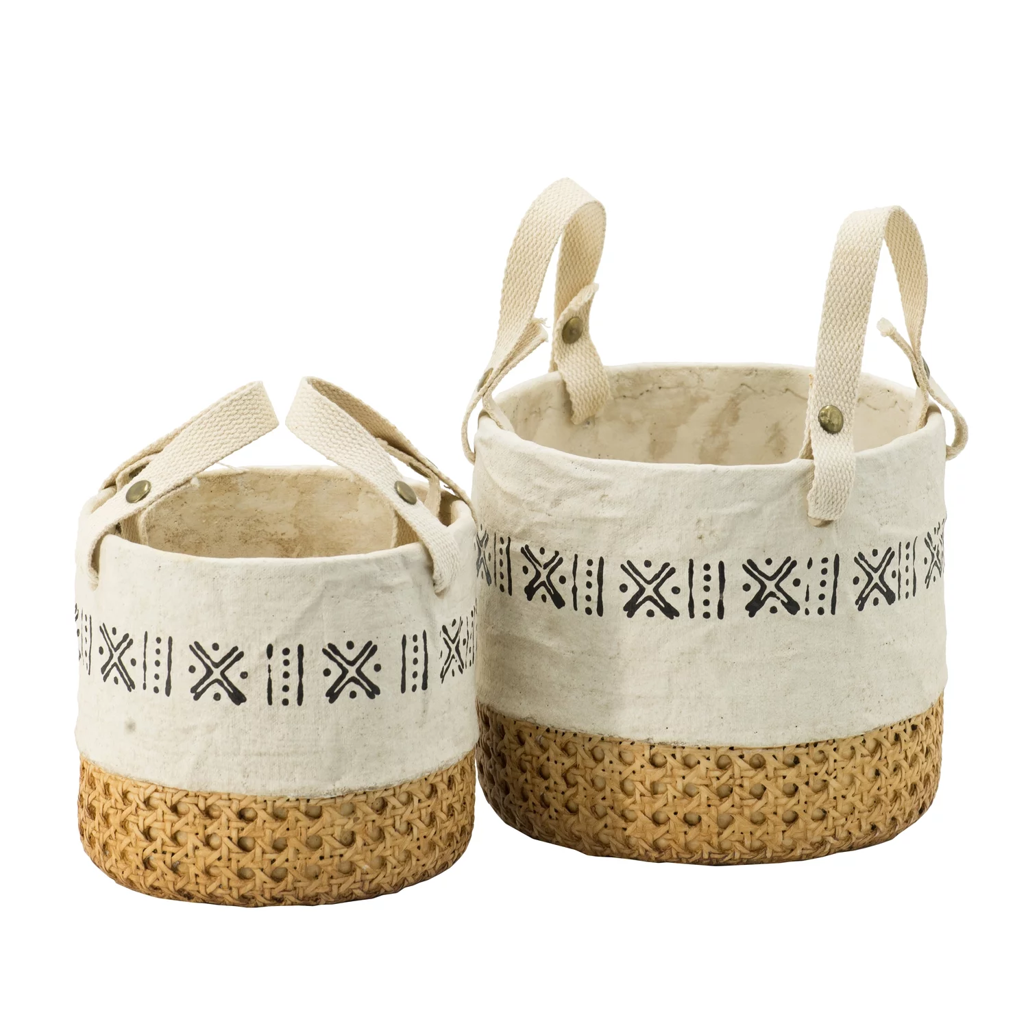 Round Outdoor Planter Baskets with Ratten Detail, Print Trim and Handles - Set of 2 - Natural, Black Finish