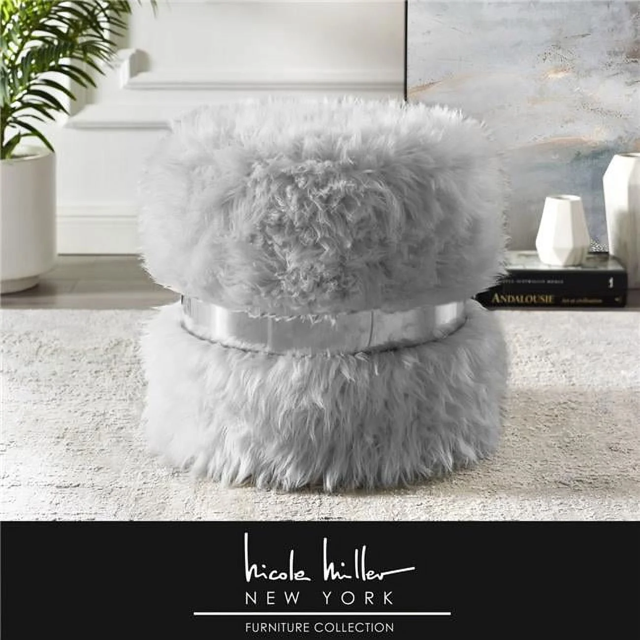 Nicole Miller NON136-04GR-UE Braydon Faux Fur Ottoman, Grey & Silver