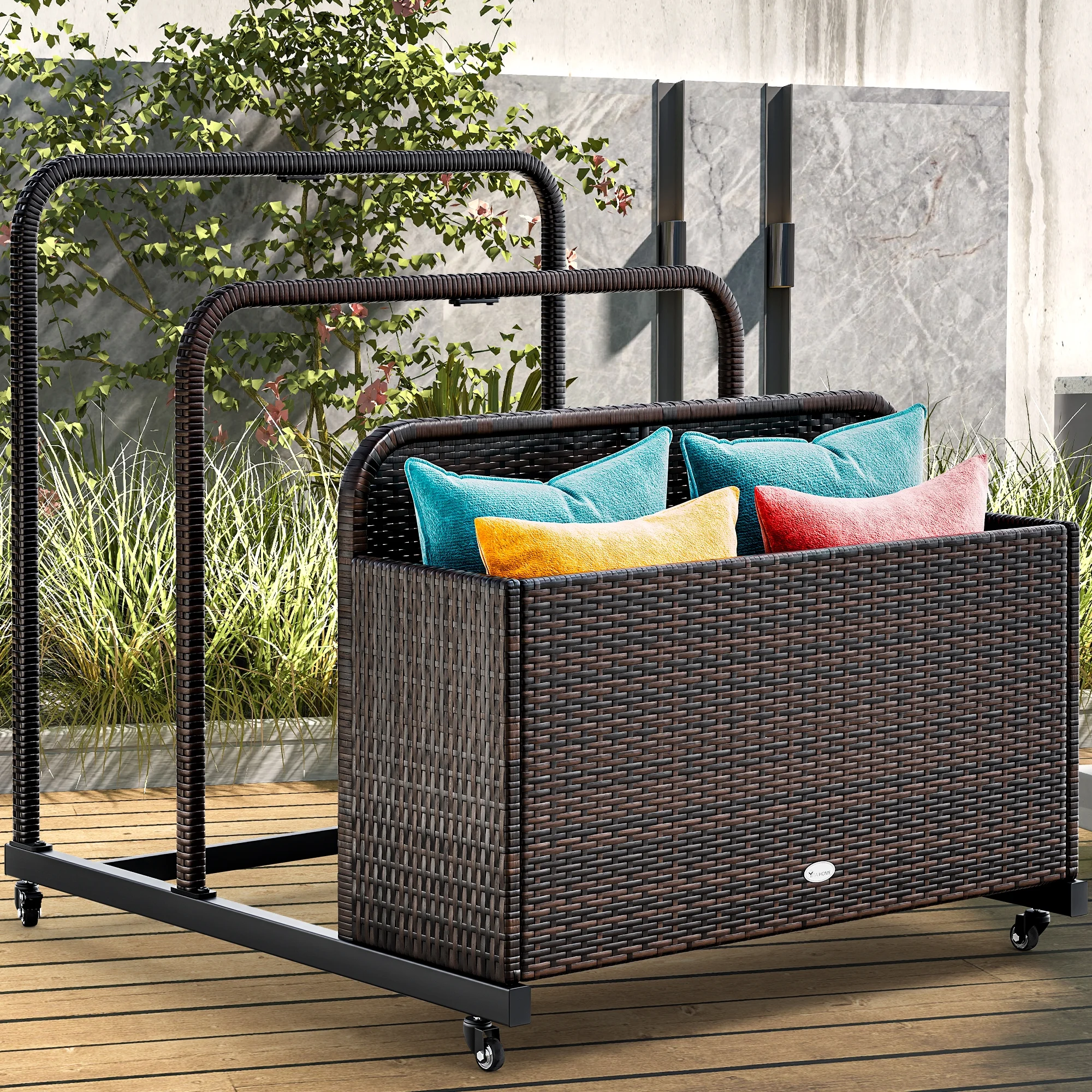 Dextrus Large Outdoor Wicker Storage Box, Rattan Deck Box with Tiered Storage Racks，for Patio, Pool, Supplies, and Tools - Brown