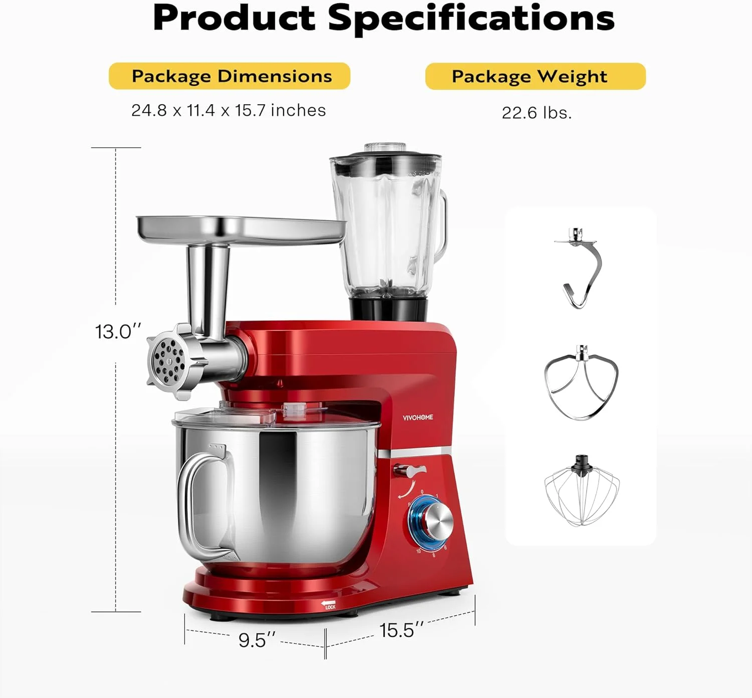 SPECSTAR 6 in 1 Multifunctional Stand Mixer with 8.5 Quart Stainless Steel Bowl, 660W 10 Speed Tilt-Head, Red