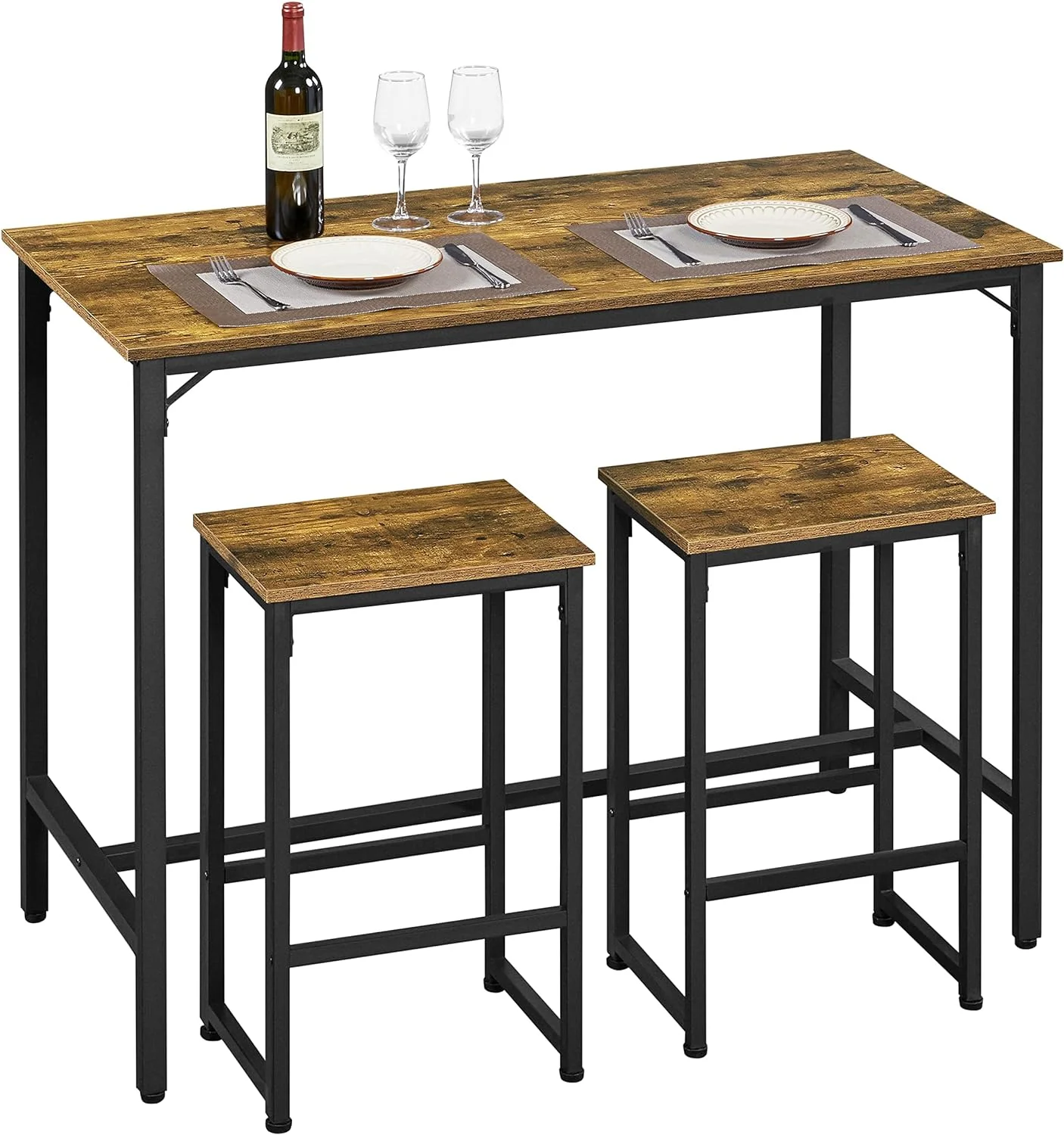3 Piece Bar Table Set, 47.5 in Industrial Dining Table Set, Counter Height Table and Stools Set of 2, Kitchen Table and Chairs for Dining Room, Apartment, Rustic Brown