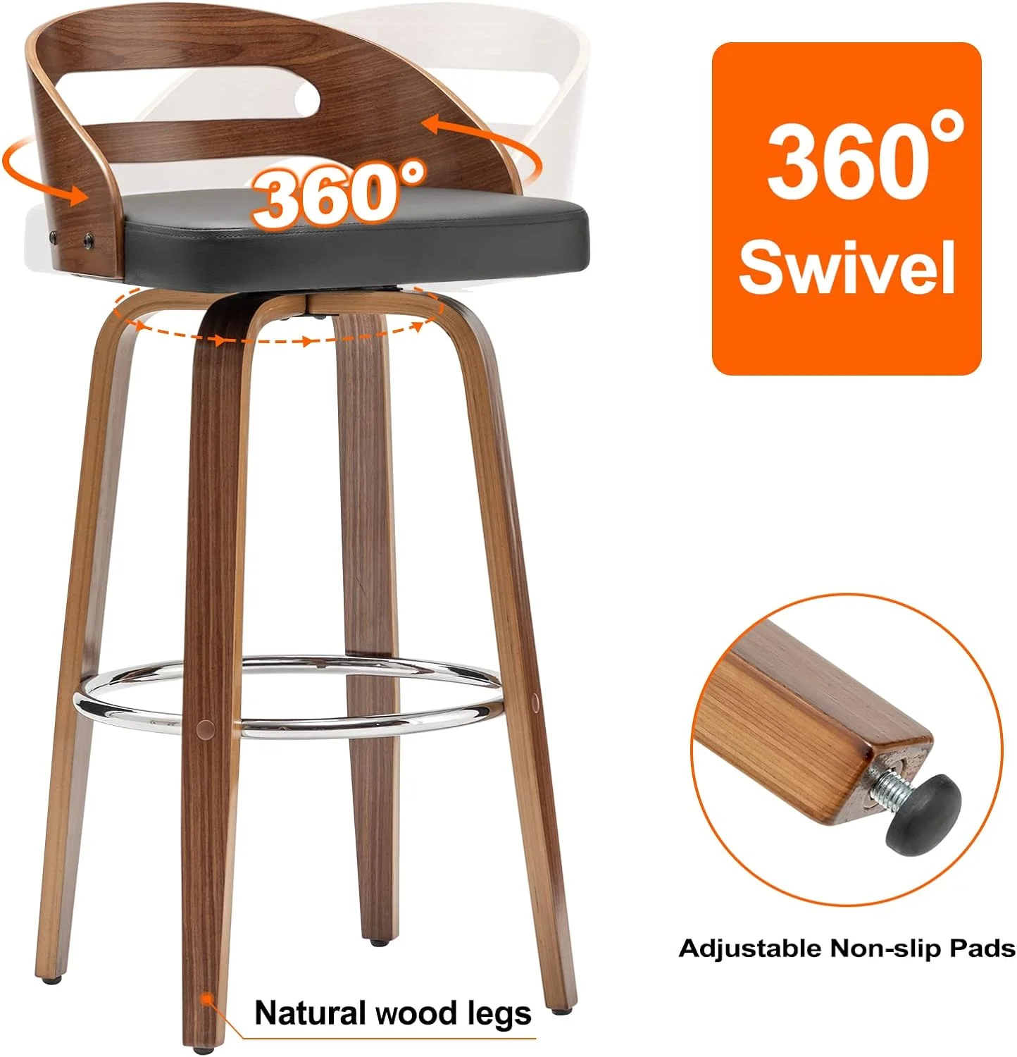 U-ToBe Bar Stools Set of 2, Swivel Bar Height Stools with Low Back, Wood Bar Chairs with Soft Cushion Seat, 30.31-Inch Seat Height (Black, 30