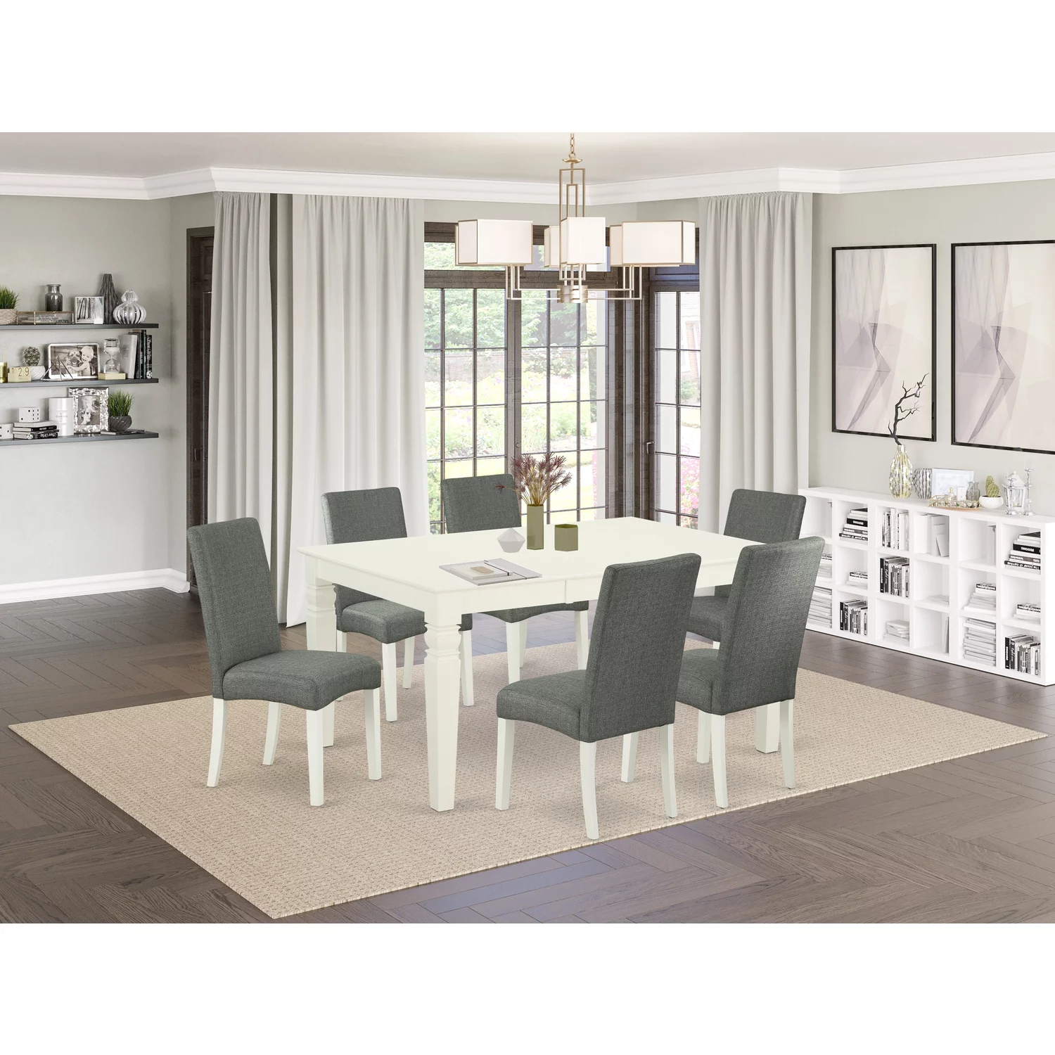 East West Furniture Weston 7-piece Wood Dining Set in Linen White/Gray