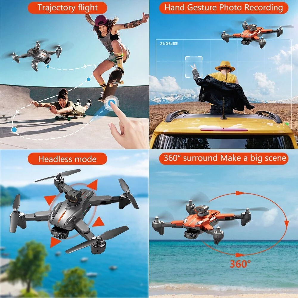 2023 5G RC Drone with 8K HD Dual Camera WiFi FPV Foldable Quadcopter +4 Battery-Black