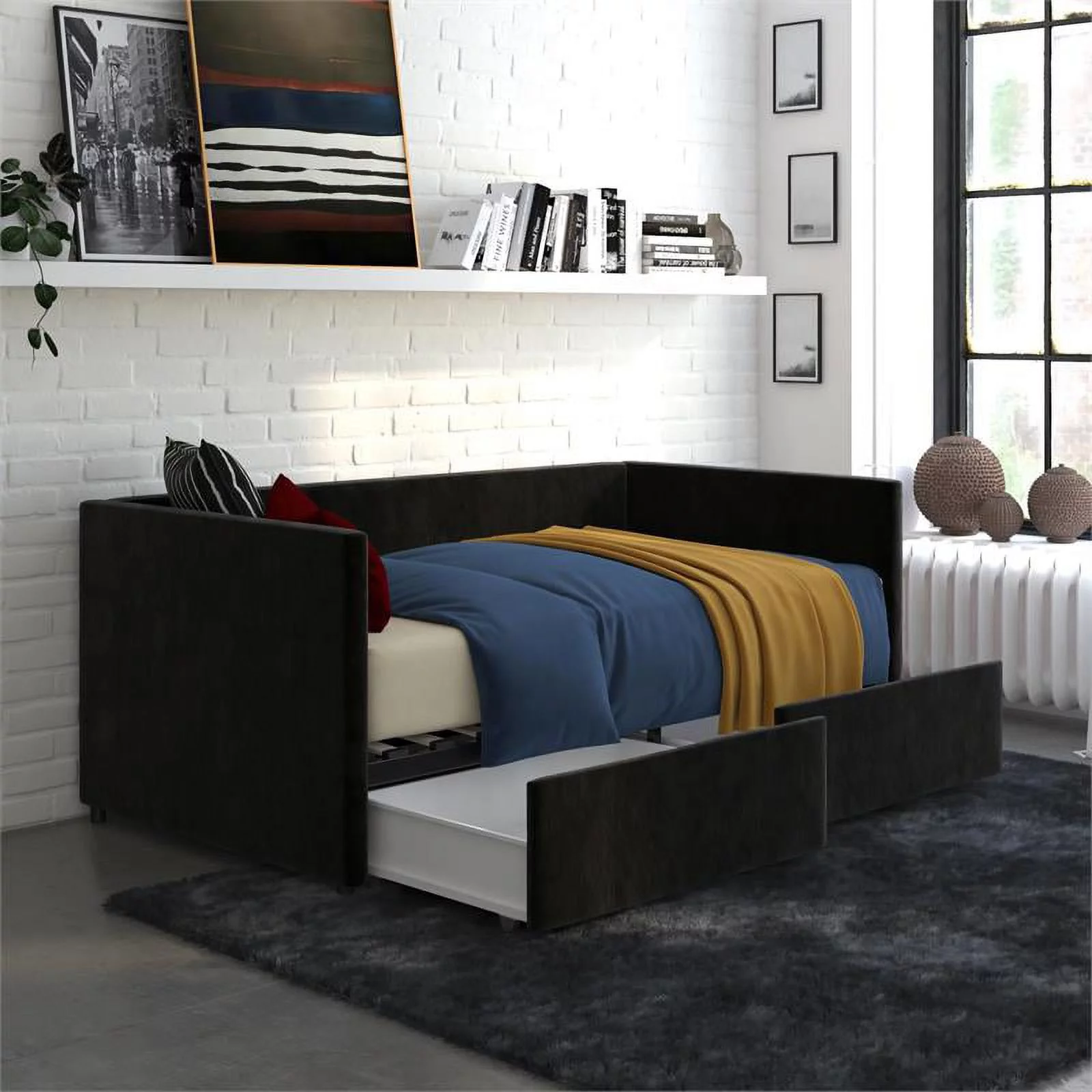 DHP Mya Upholstered Daybed with Storage in Twin in Black Velvet