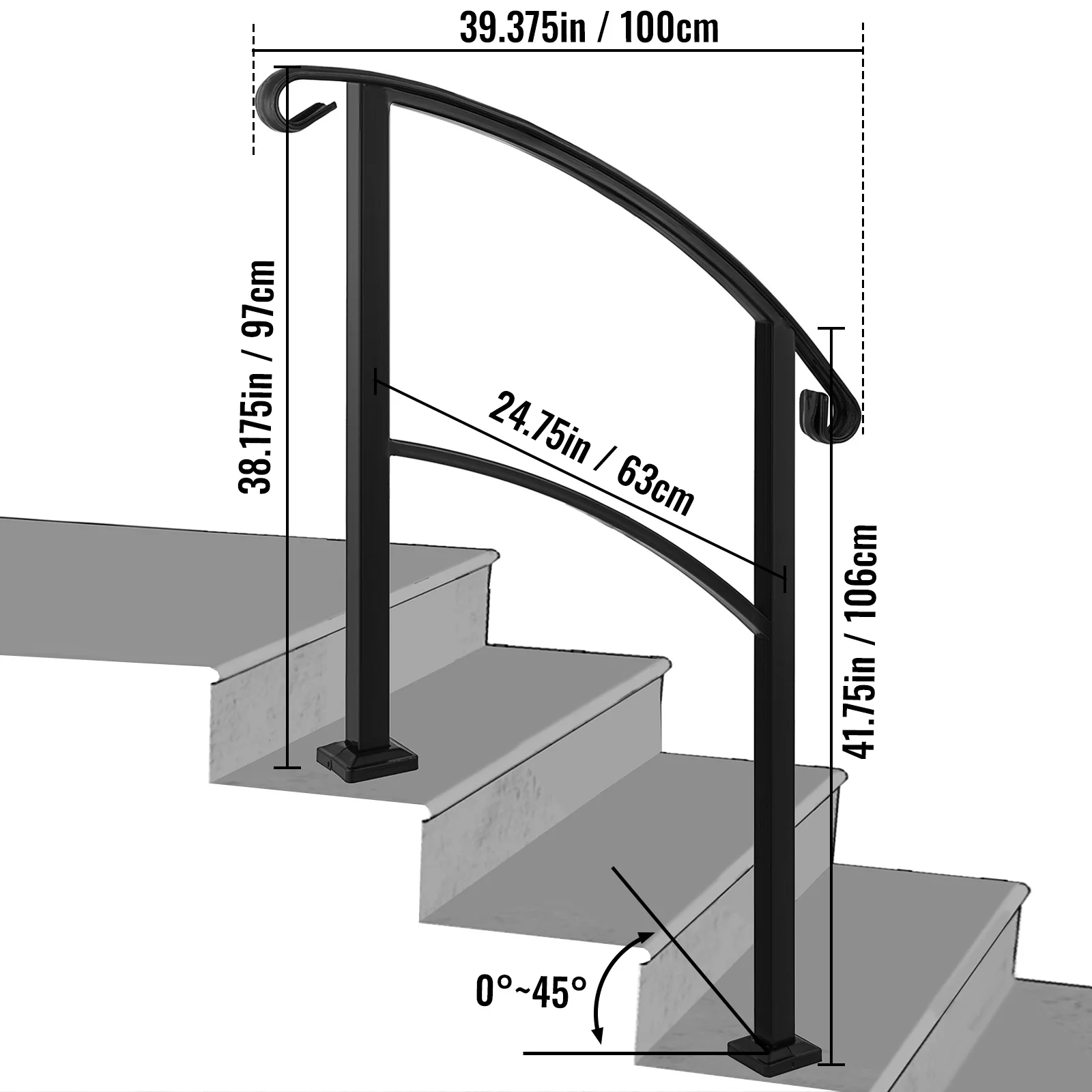 VEVOR 3 Step Iron Handrail for Outdoor Stairs Step Railing Metal Handrail with Installation Kit Hand Rails,Matte Black
