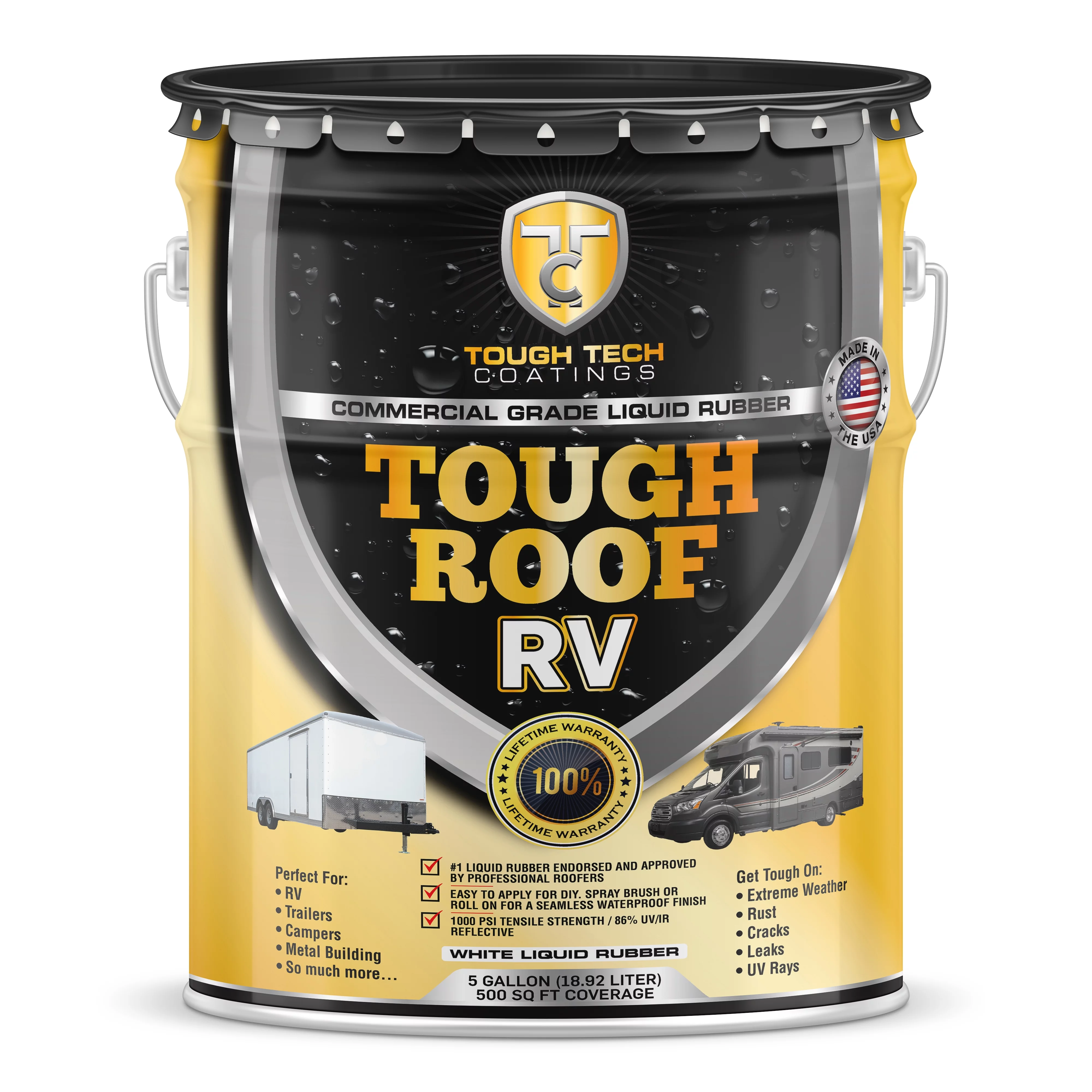 Tough Tech Coatings Tough Roof Butyl Liquid Rubber Roof Coating, 5 Gallon, White, Easy to Apply