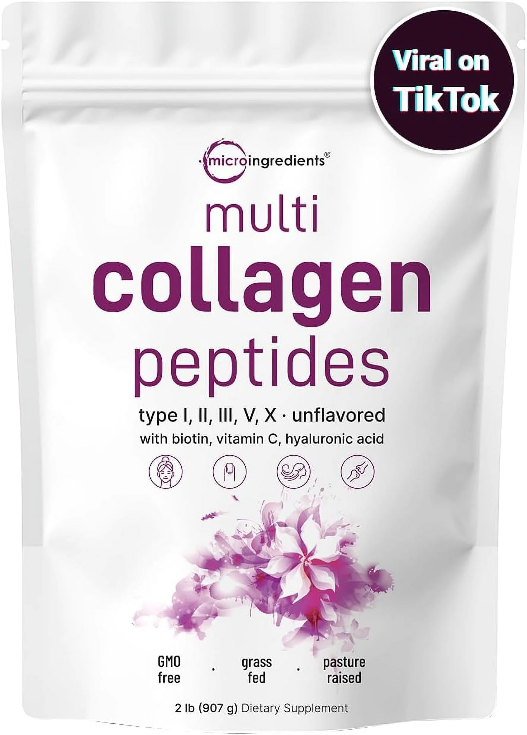 Micro Ingredients Multi Collagen Protein Powder, 2 Pounds – Type I,II,III,V,X with Biotin, Hyaluronic Acid, Vitamin C – Unflavored Collagen Peptides – Keto & Paleo Friendly, Easy Dissolve, Non-GMO