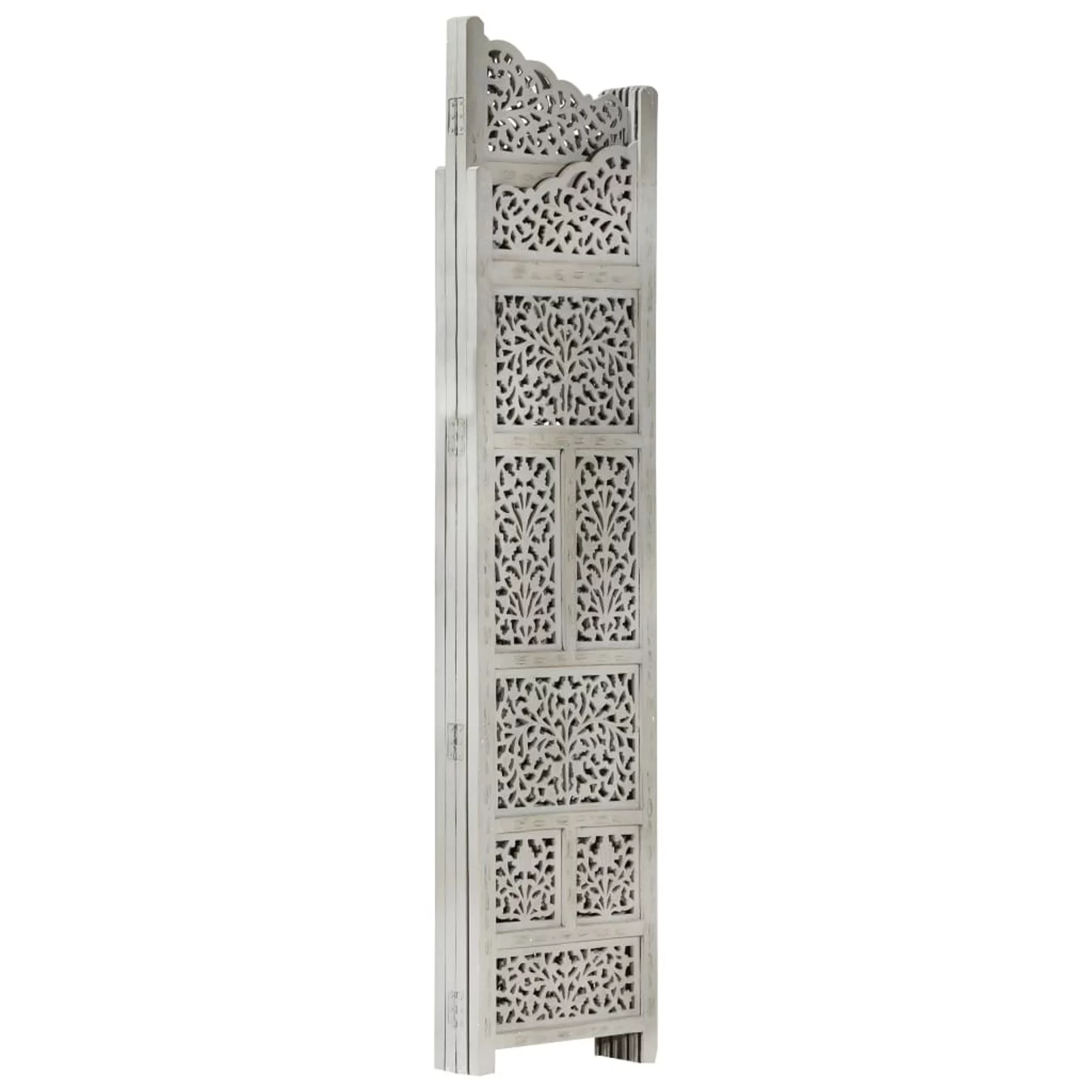 Dcenta Hand Carved 4-Panel Room Divider Wooden Room Partition Panel Mango Wood Foldable Screen Gray for Bedroom, Bathroom, Living Room, Kitchen, Home Furniture 63 x 65 Inches (W x H)