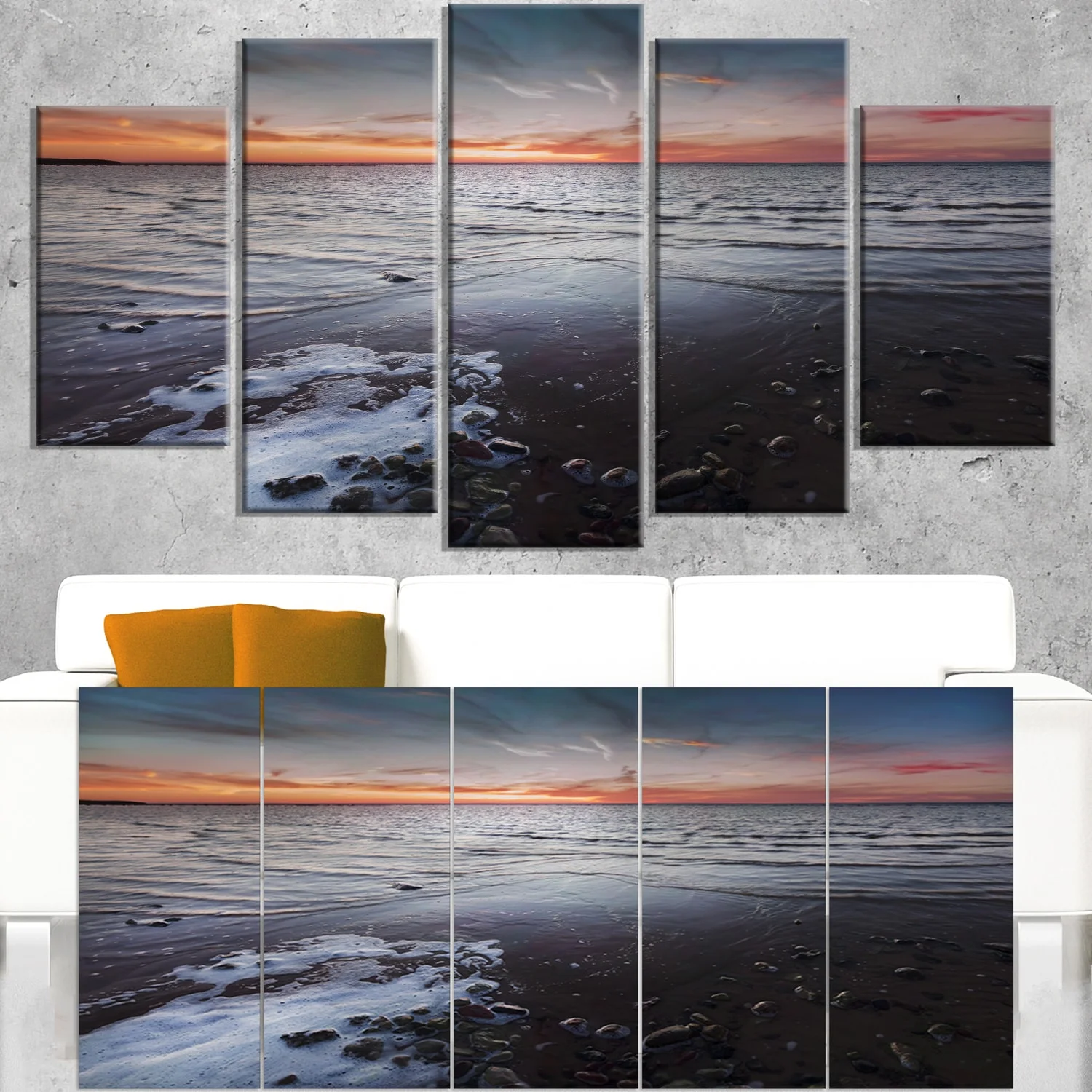 DESIGN ART Beautiful Sunset on Chudskoy Lake - Contemporary Seascape Art Canvas - Blue 60 in. wide x 28 in. high - 5 Equal Panels