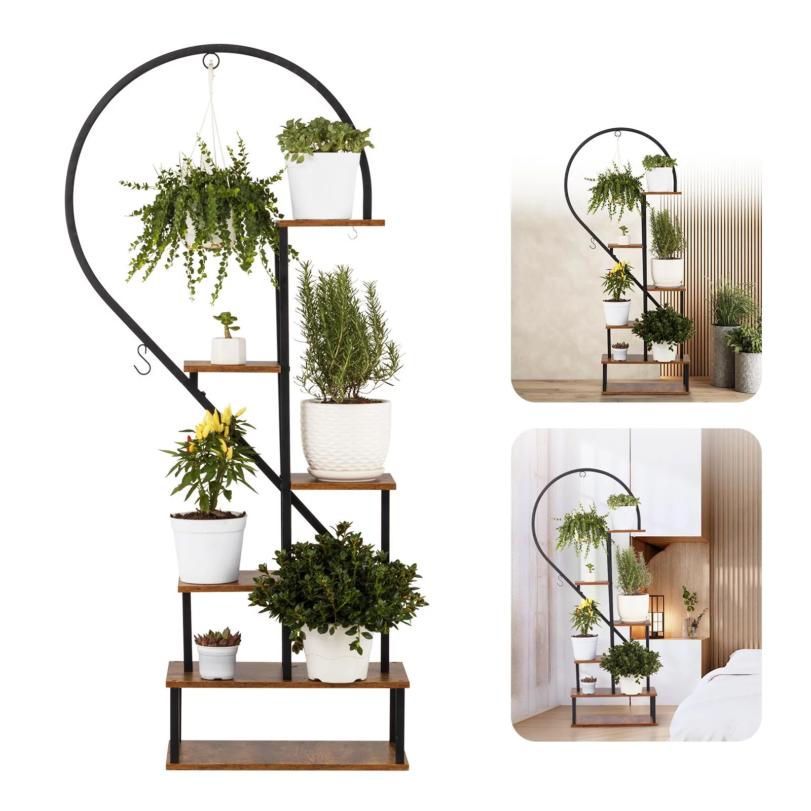 Idzo Half Heart Shape Ladder Plant Stands, Modern Metal Plant Stand with 6 Tiers Decorate Potted Plants,