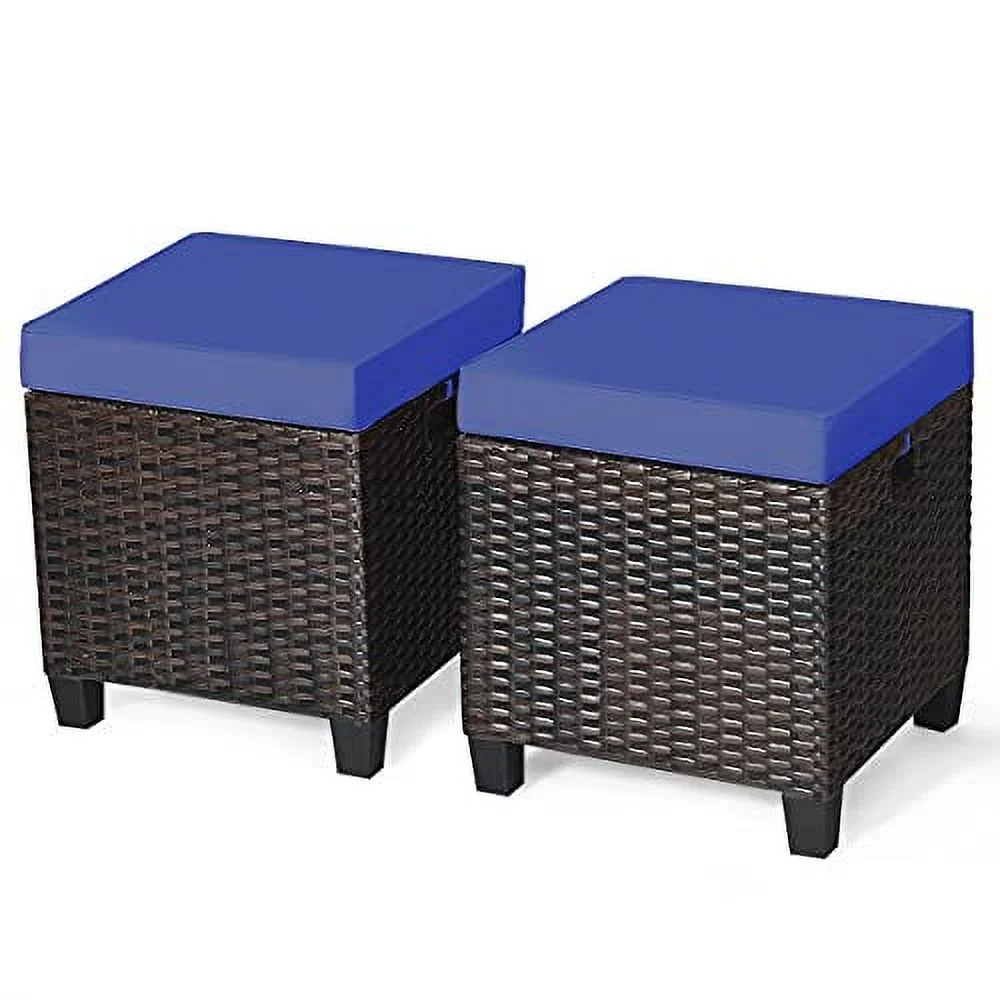 Hysache Wicker Ottoman Set of 2, All Weather Rattan Patio Ottoman Set, Outdoor Foot Rest Patio Foot Stool with Waterproof & Removable Cushions for Balcony Backyard Garden Poolside (Navy)