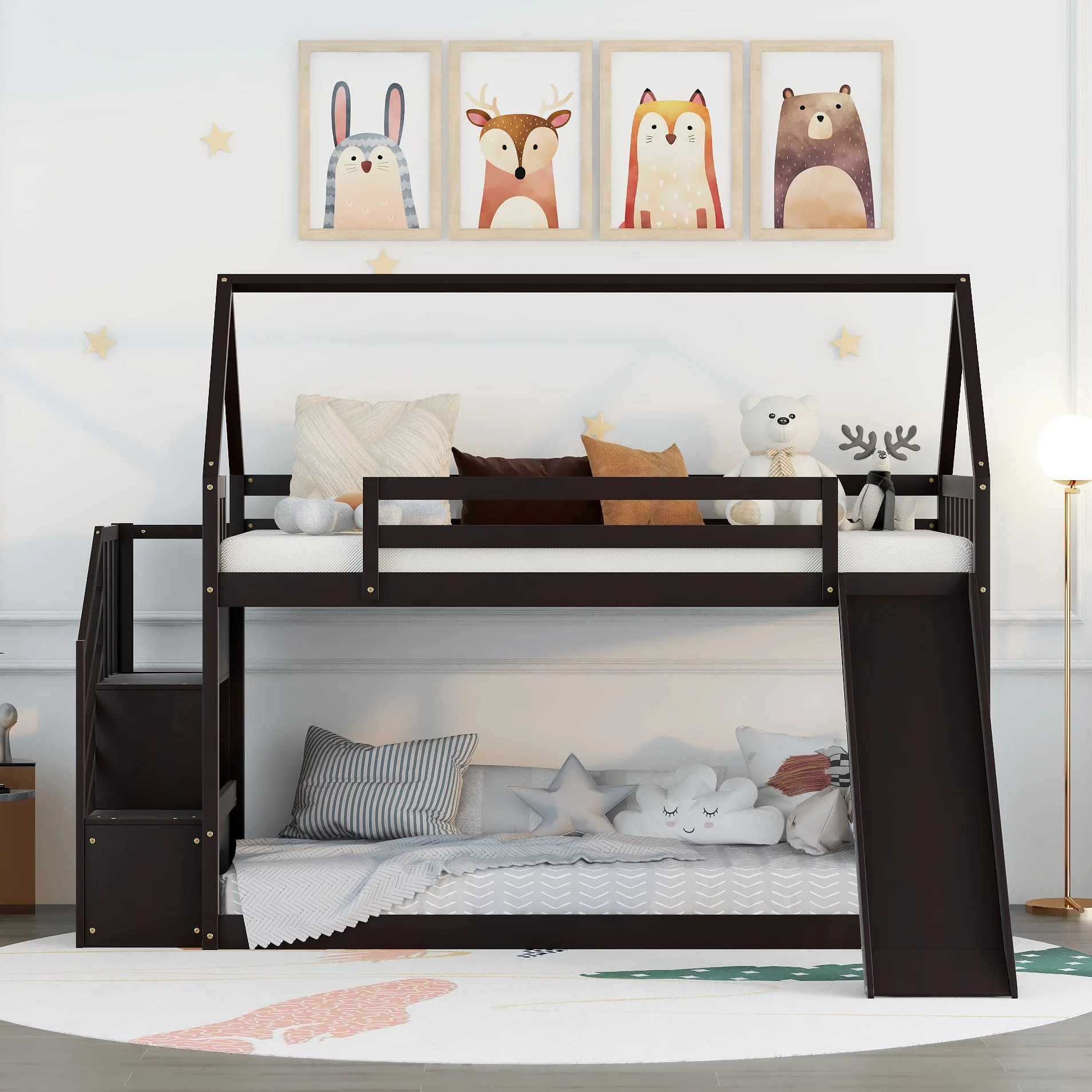 Bunk Bed with Slide and Stairs, Low House Loft Bunk Bed Twin Over Twin, Floor Bunk Bed Frame for Kids Toddlers Boys Girls, Espresso