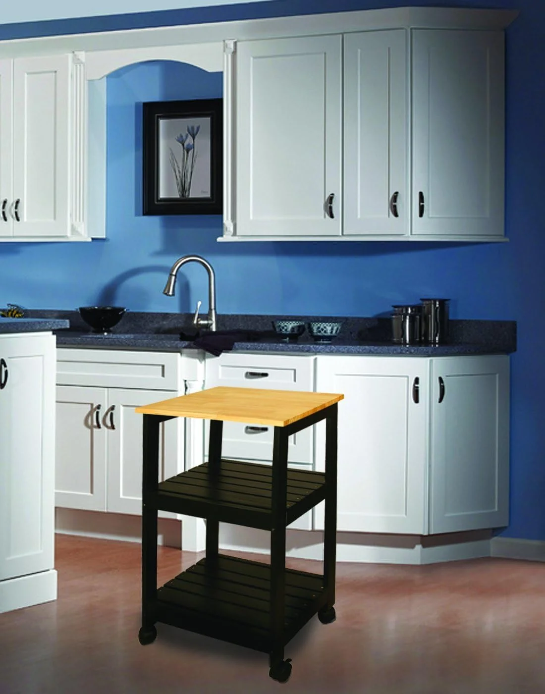 ZWNLKQG Utility Kitchen Cart  Black Base Natural Top