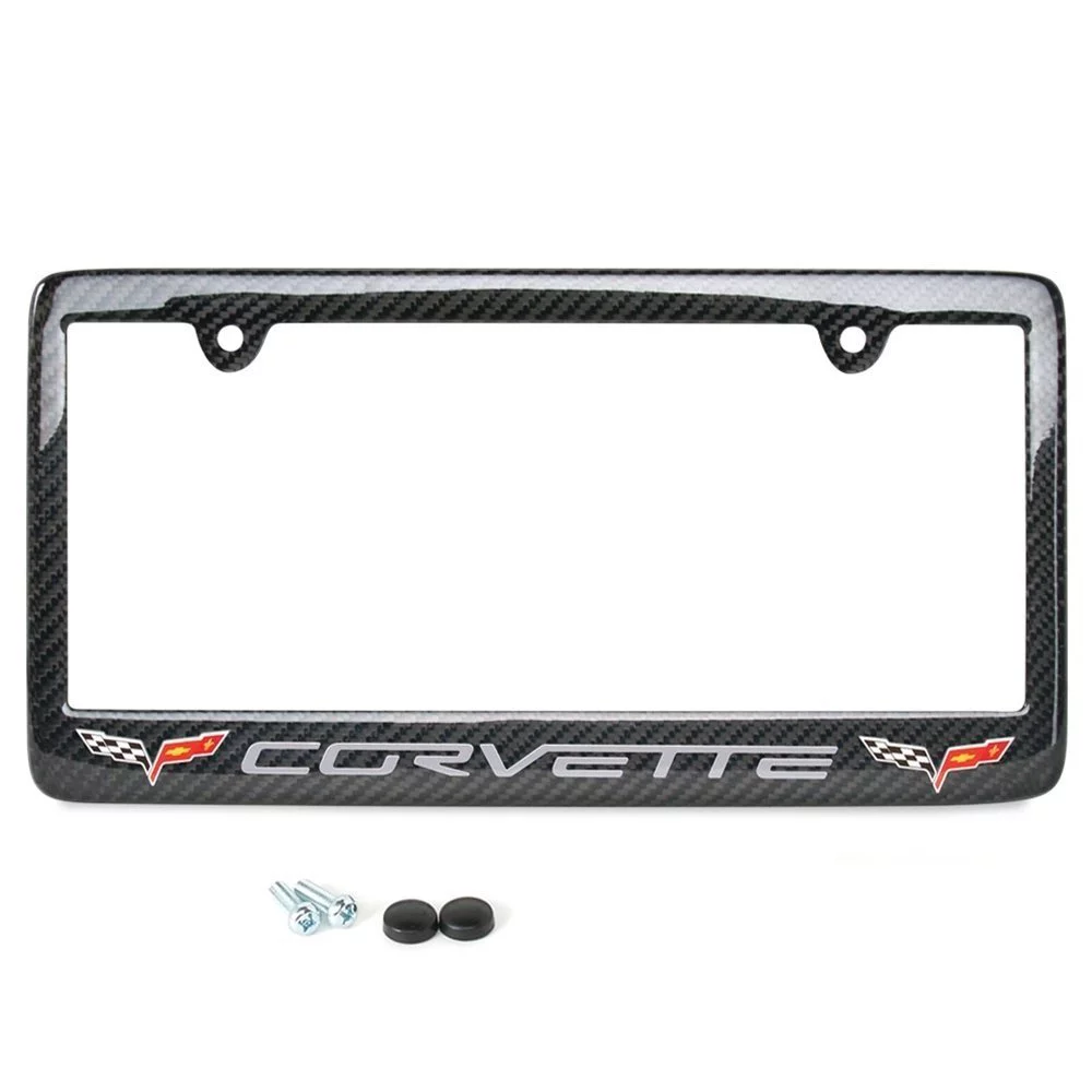 Corvette Gray Script w/Double Logo License Plate Frame - Carbon Fiber : C6 2005 - 2013