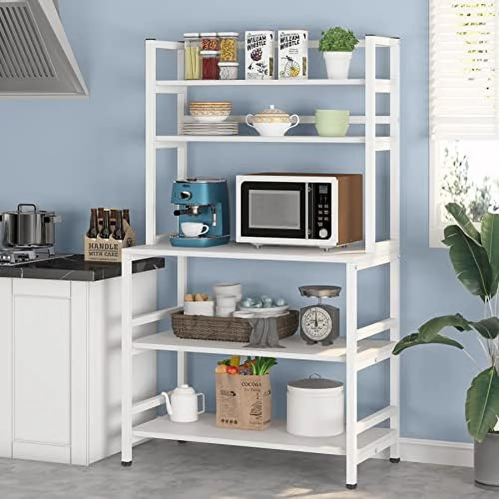 CKPFVY Kitchen Bakers Rack with  and Hutch  5-Tier Kitchen Microwave Cart Stand Rack  Free Standing Industrial Kitchen Utility   (White)