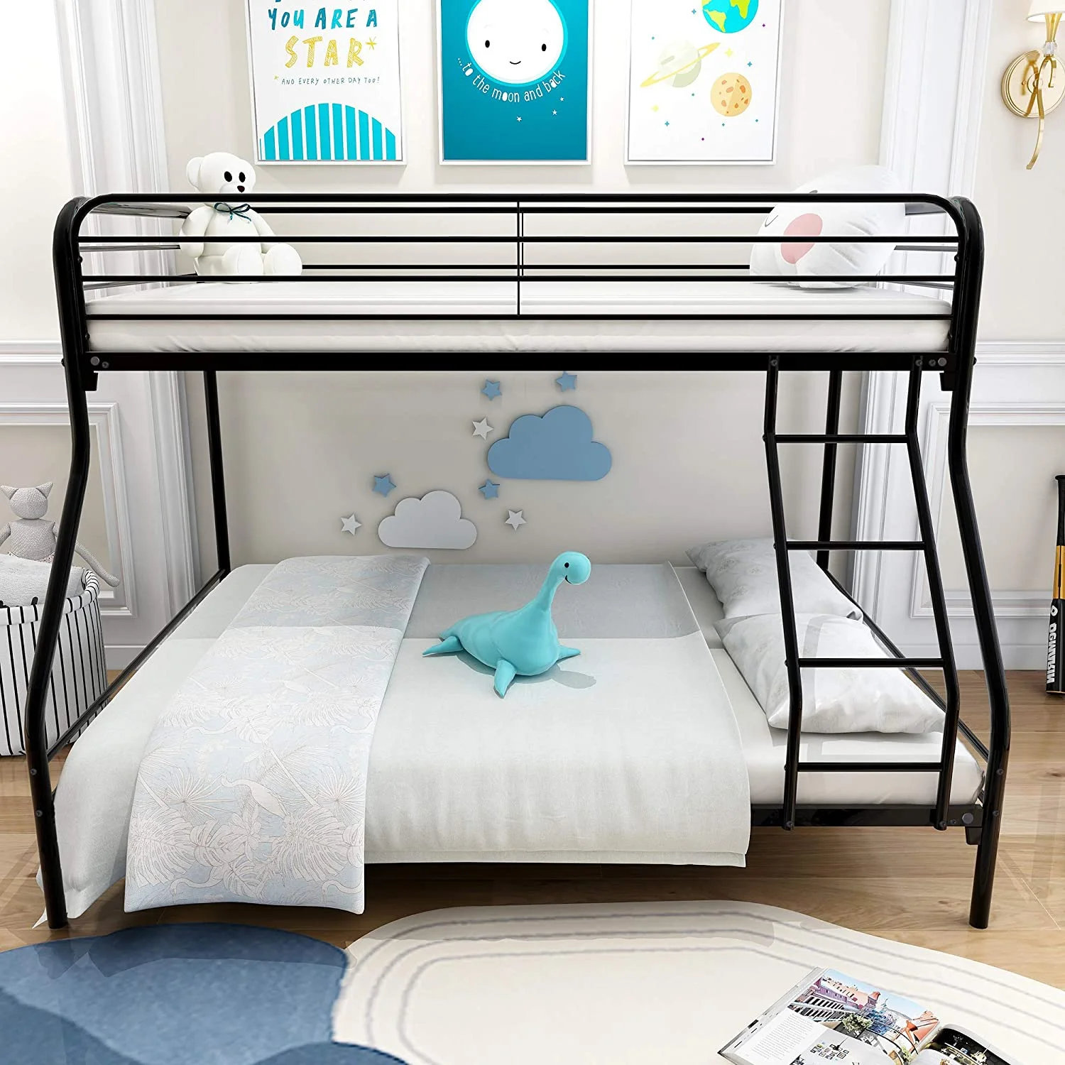 YANRUI Twin-Over-Full Bunk Bed with Metal Frame and Ladder,Black