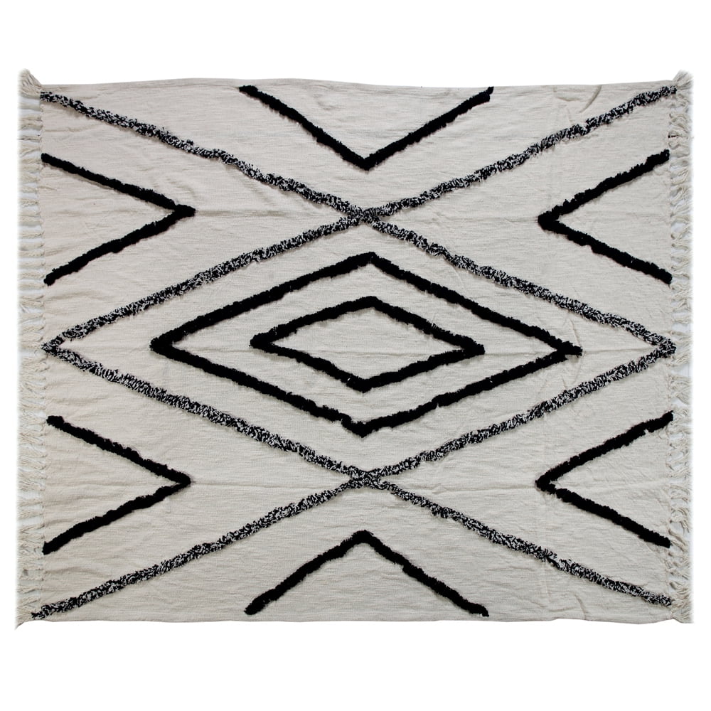 LR Home Daney Aztec Geometric Fringed Decorative Cotton Throw Blanket, Natural & Navy, 50