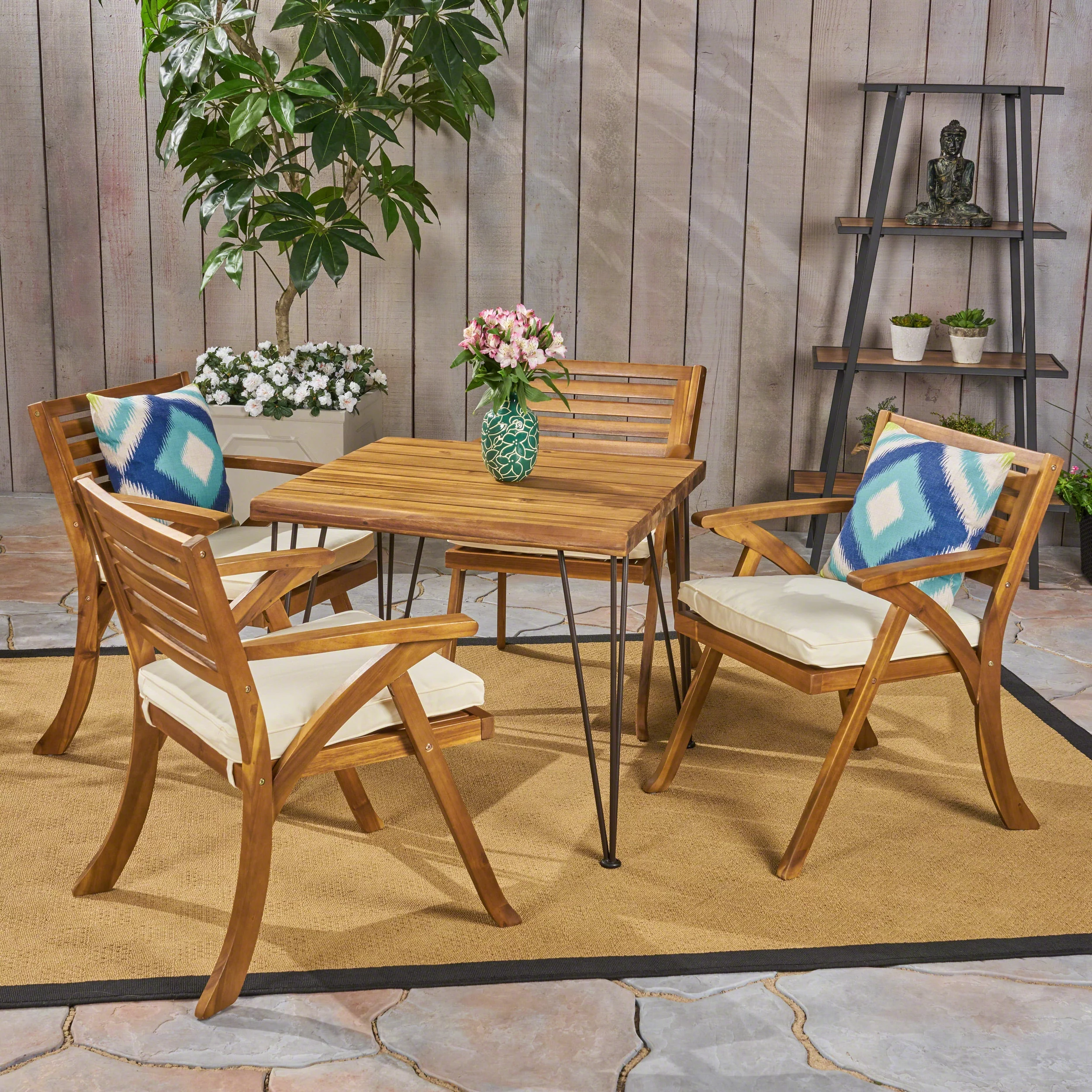 Leon Outdoor 5 Piece Industrial Wood and Wicker Square Dining Set, Teak, Crème