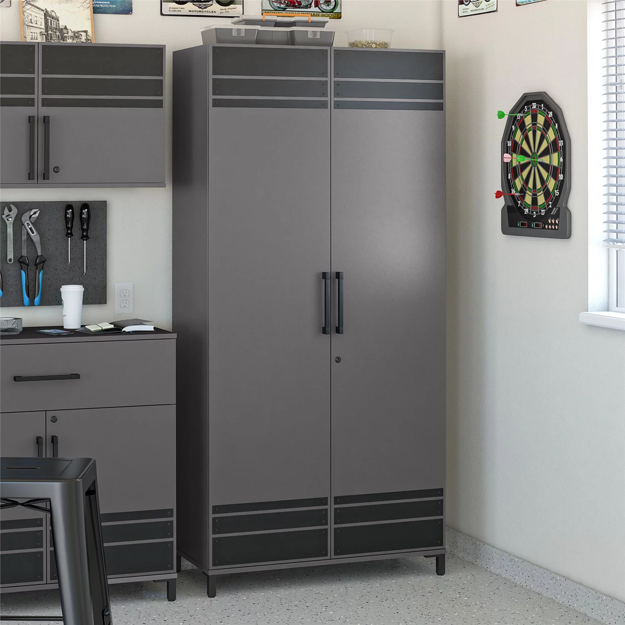 Systembuild Evolution Grit Tall Garage Cabinet 2 Door, Graphite