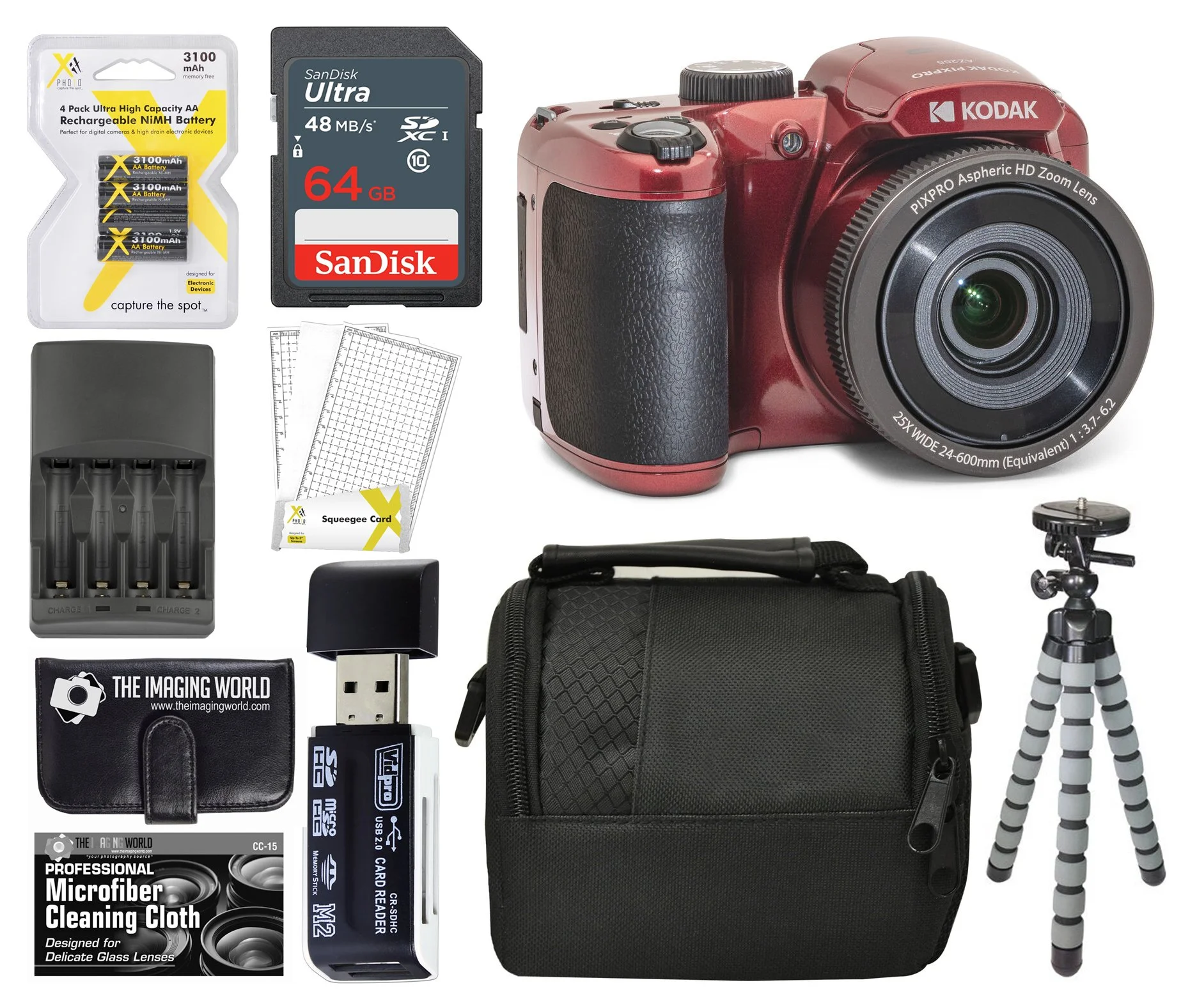 Kodak PIXPRO Red AZ255 16MP Digital Camera 25X Optical Zoom 24mm Wide Angle Lens Optical Image Stabilization 1080P Full HD Video 3