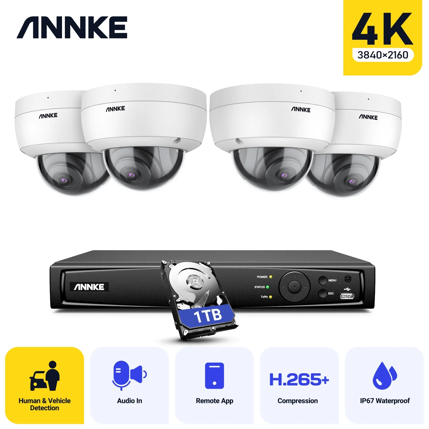 ANNKE 4K Ultra HD Poe Network Video Security System 8CH 4K H.265 Surveillance NVR 4pcs 4K HD IP67 POE CCTV Dome Cameras with 1T HDD