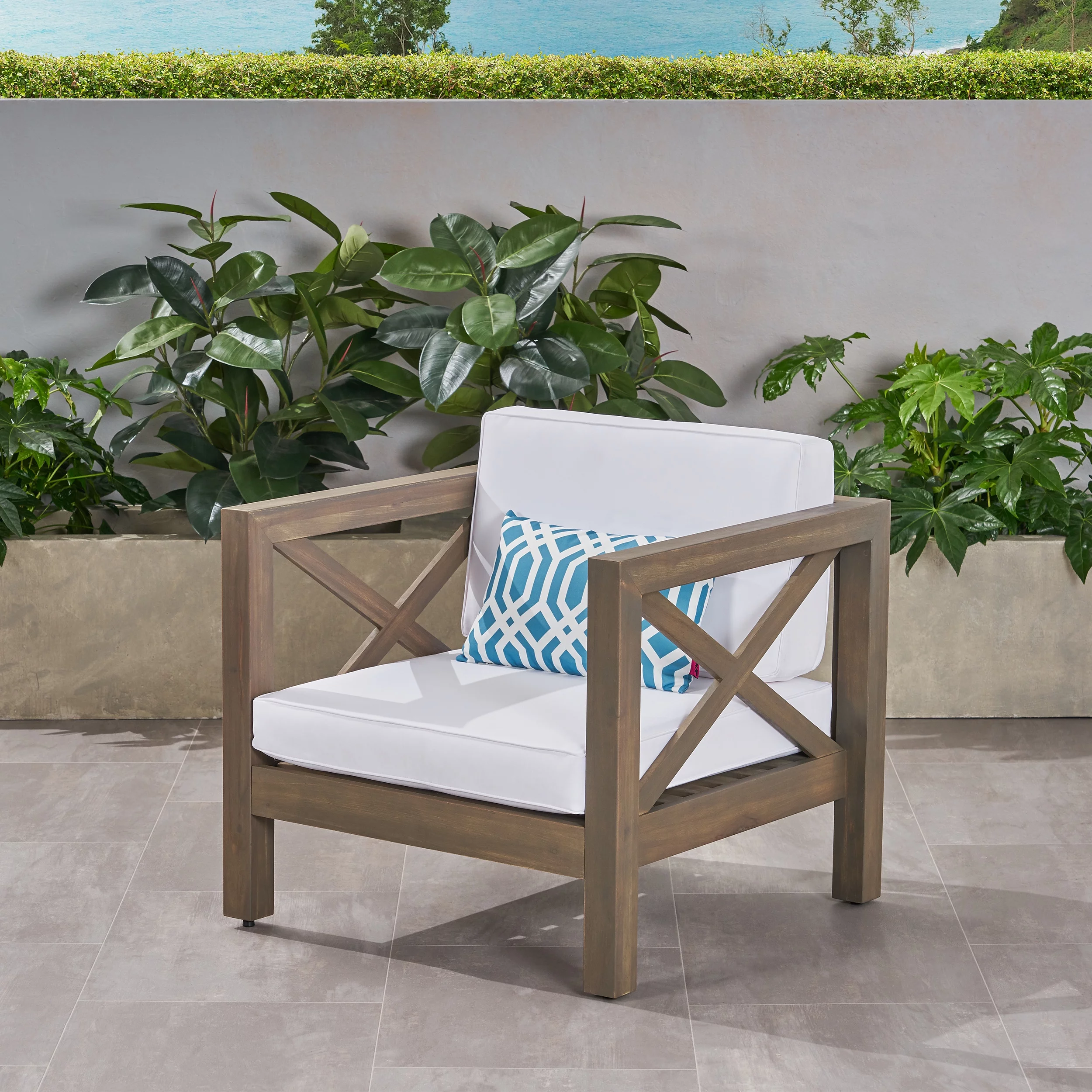 Keith Outdoor Acacia Wood Club Chair with Cushion, Gray and White