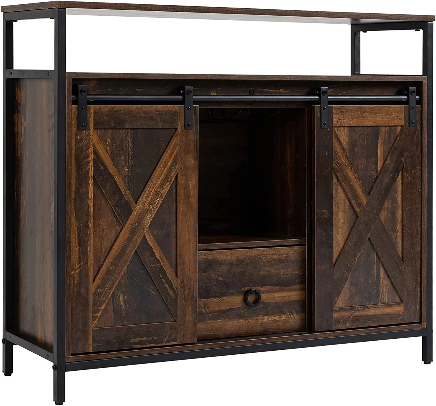 Industrial Sideboard Buffet Cabinet, Kitchen Cabinet with Sliding Barn Doors, Coffee Bar Cabinet with Stemware Racks, Drawer and Adjustable Shelves for Living Room, Home Bar, Rustic Brown