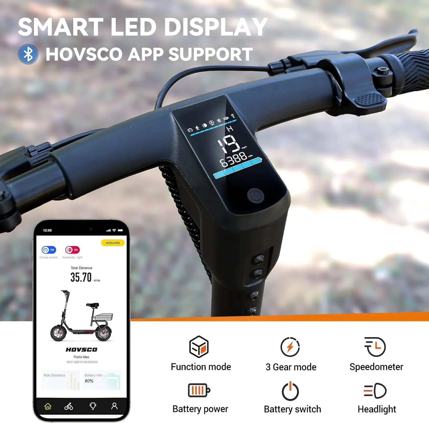 HOVSCO Porto Max Electric Scooter with Seat, 350W Motor, Max 16MPH & Max 35 Mile Long Range, 12