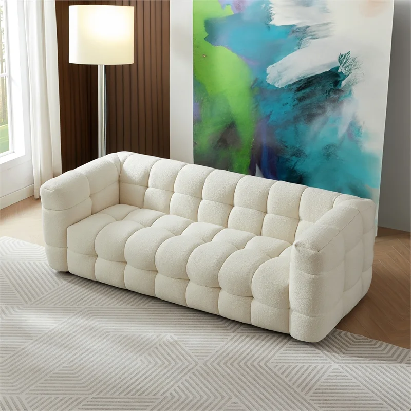 Hollis Mid Century Modern Living Room Cream Boucle Fabric Sofa