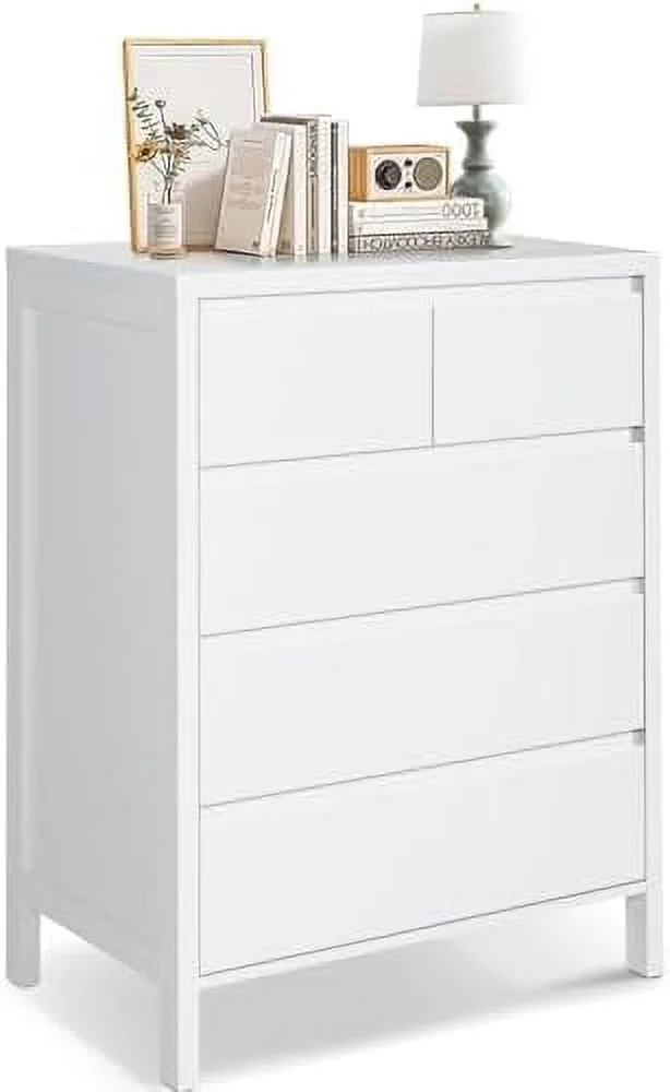 HOOMHIBIU White 5 Drawer Dresser Bedroom Dresser with Wide Drawers  Double Dresser for Bedroom  Wood Chest of Drawers for Bedroom  Living Room Hallway