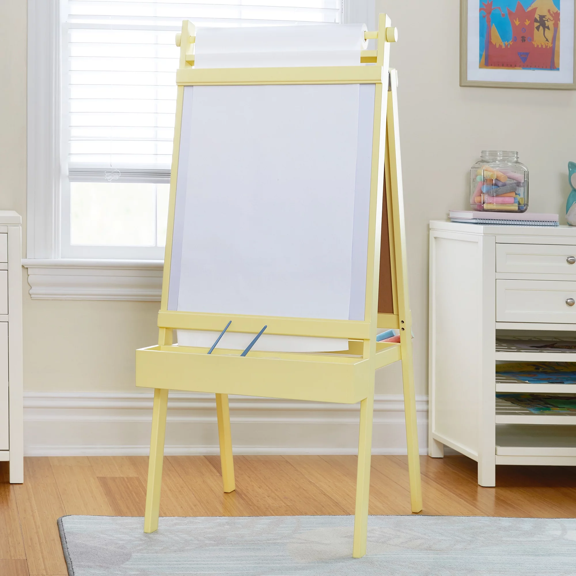 Martha Stewart Crafting Kid's Art Easel - Pastel Yellow: 3 in 1 Wooden Chalkboard and Whiteboard with Paper Roll and Paint Cups