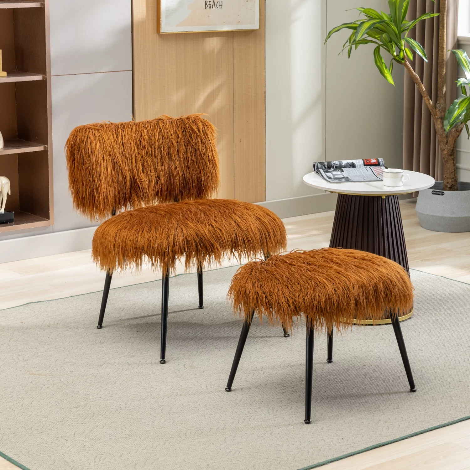 25.2‘‘ Wide Faux Fur Plush Accent Chair With Ottoman  Living Room Chair With Footrest  Fluffy Upholstered Armless Chair And Stool  Comfy Mid Century Modern Chair for Living Room  Bedroom