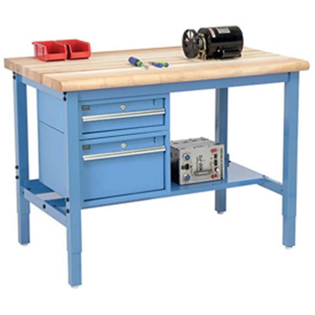 48 x 36 in. Production Workbench - Maple Butcher Block Safety Edge with Drawers & Shelf, Blue