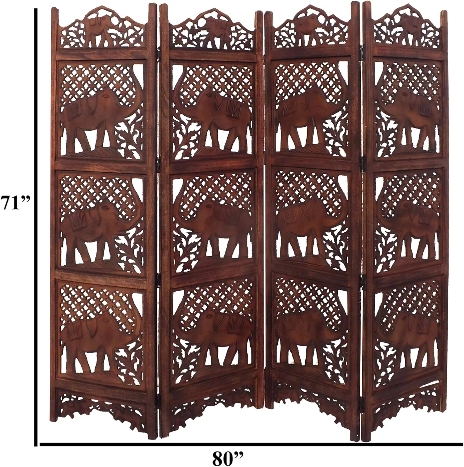 Benzara BM34823 Hand Carved Elephant Design Foldable 4-Panel Wooden Partition Screen/Room Divider, Brown