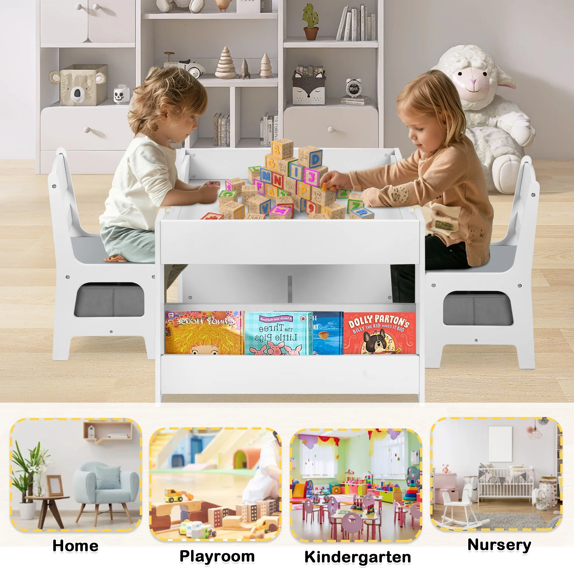 AILEEKISS 4 in 1 Kids Wood Table & 2 Chairs Set, Children Activity Table for Toddler w/Storage, Grey
