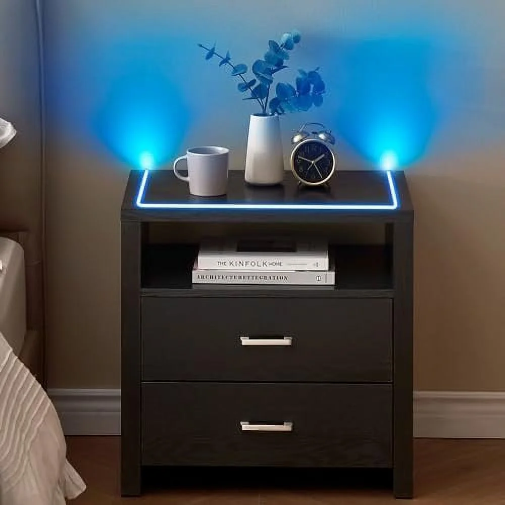 GEROBOOM Grey Nightstand  with LED Lights  Modern Night Stand with 2  Drawer and Open   End Side Tables for Bedroom Living Room