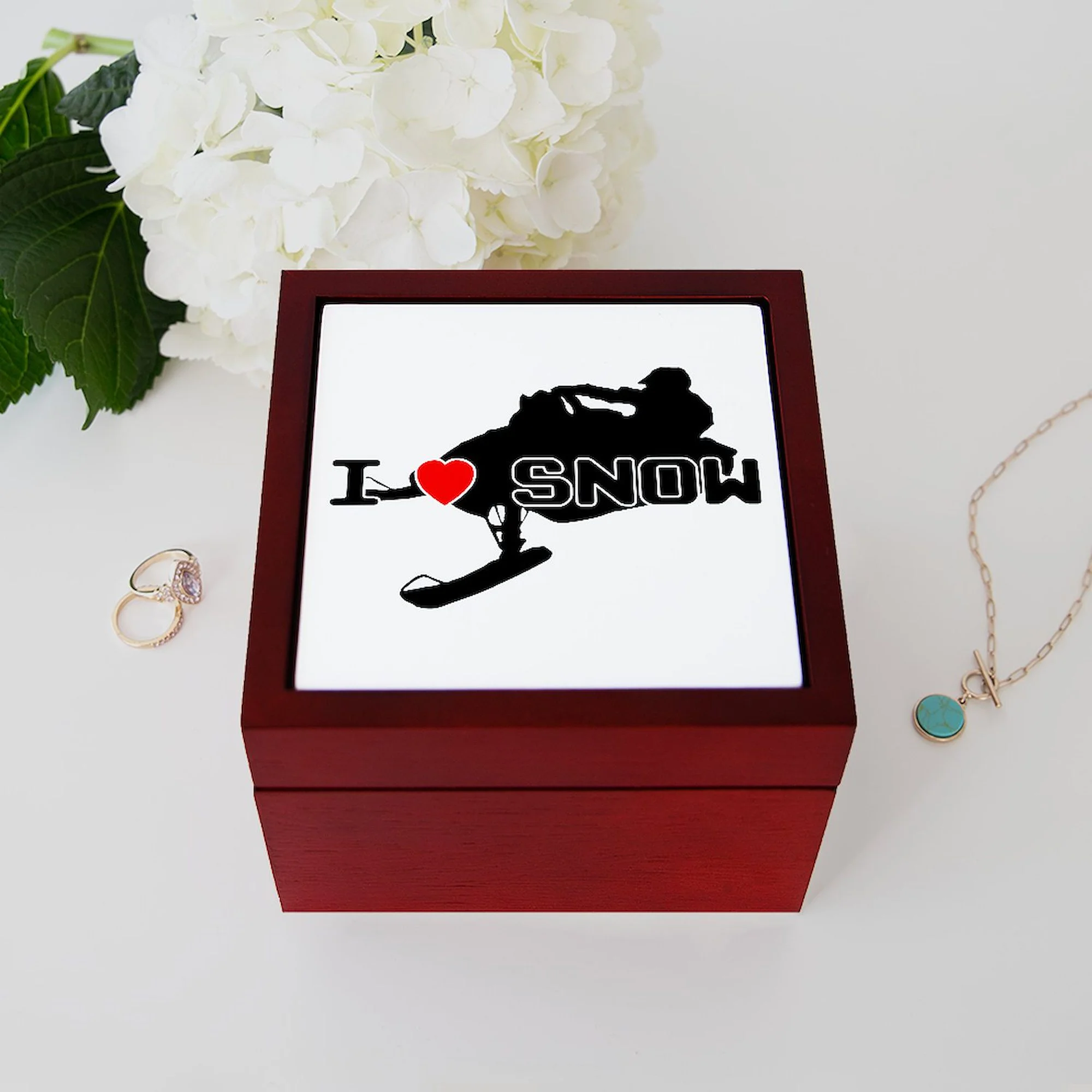 CafePress - I Heart Snow - Keepsake Box, Finished Hardwood Jewelry Box, Velvet Lined Memento Box