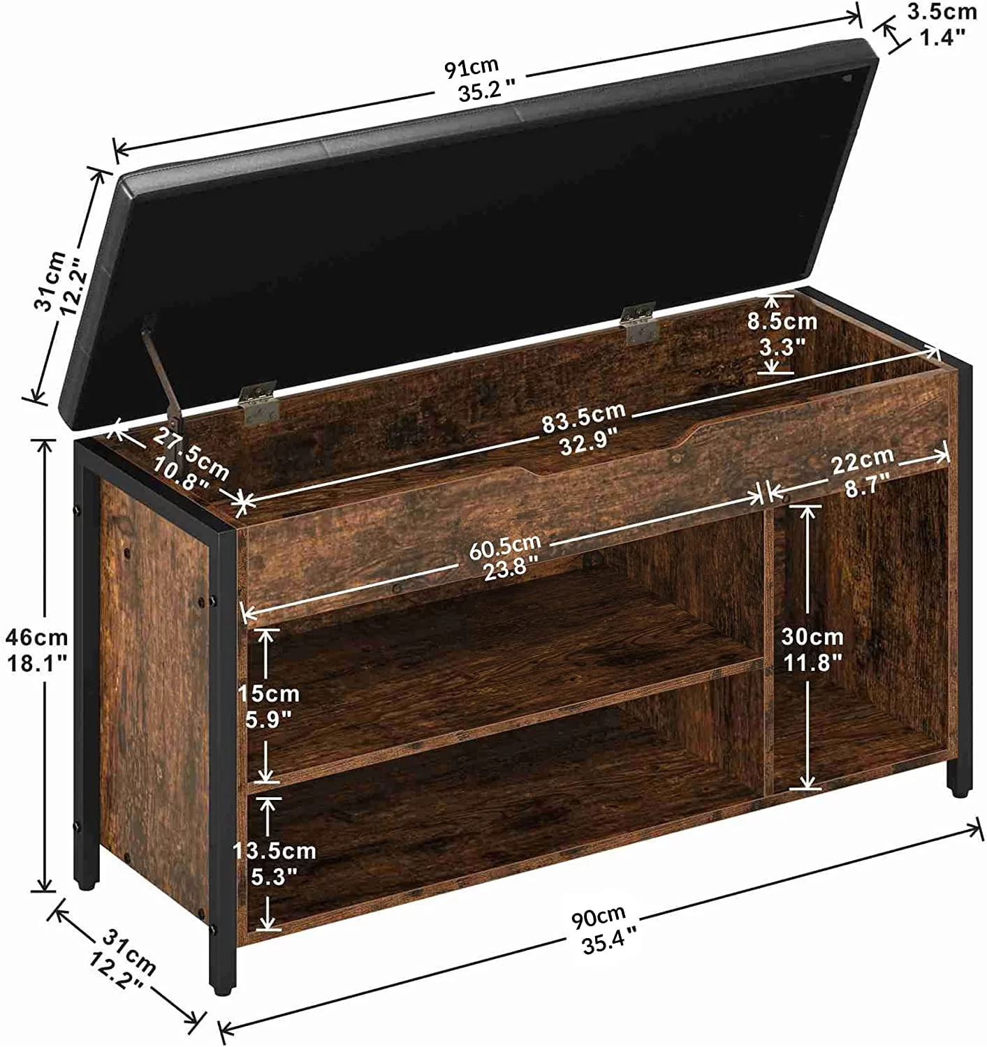 Shoe Bench, Lift Top Shoe Storage Bench, Adjustable Shelf Entryway Bench, Metal and Wood Shoe Rack Organizer with Cushion for Entry, Bedroom, Closet, Living Room, Hallway (Brown, 39.5)