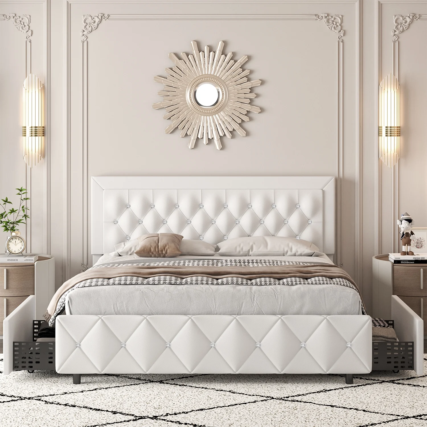 4 EVER WINNER Full Bed Frame with Headboard and 4 Storage Drawers, Platform Bed Frame with LED Light, No Box Spring Needed, White