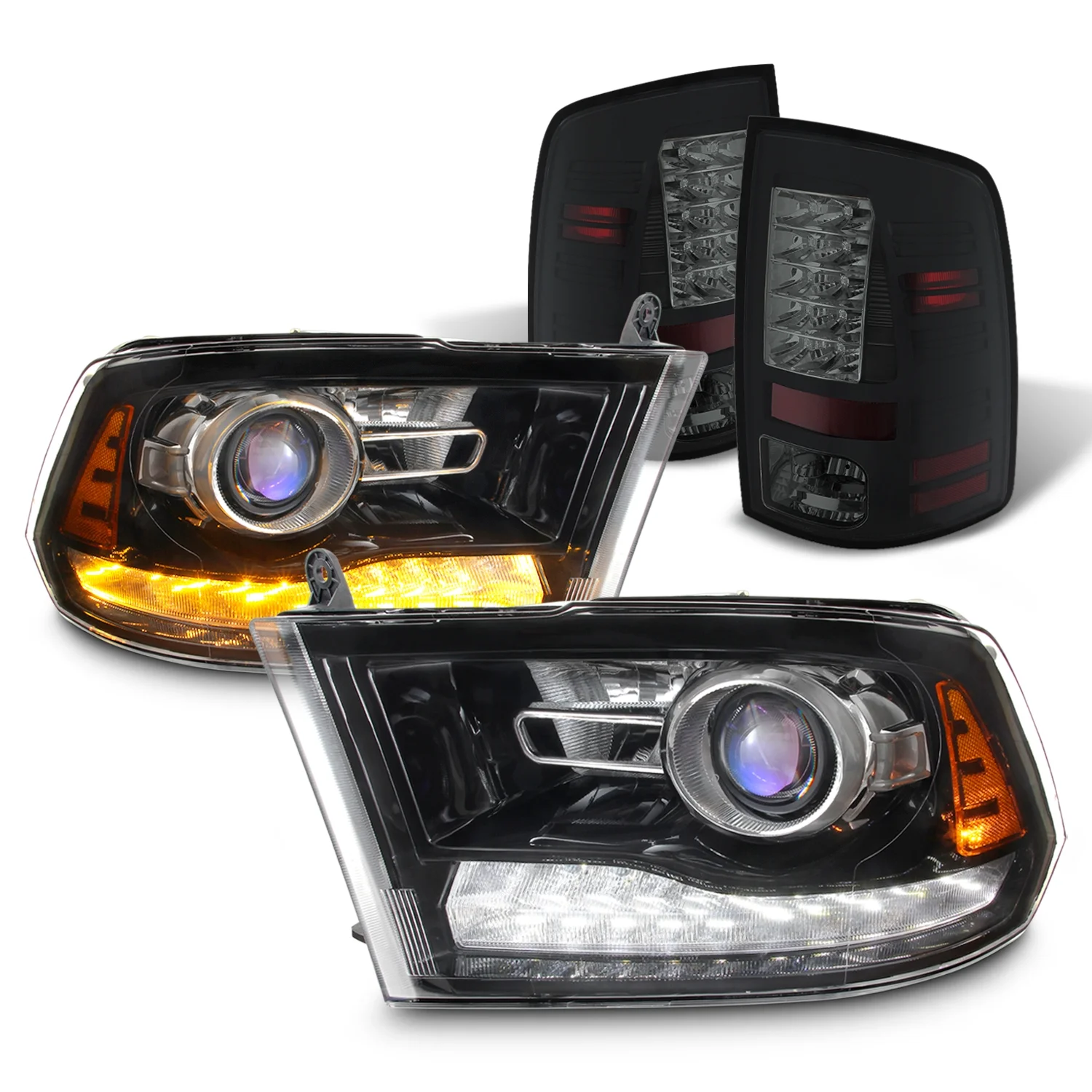 AKKON - For 2009-2018 Dodge Ram 1500/2500/3500 LED Black Headlights|LED Smoke Tail Lights Housing