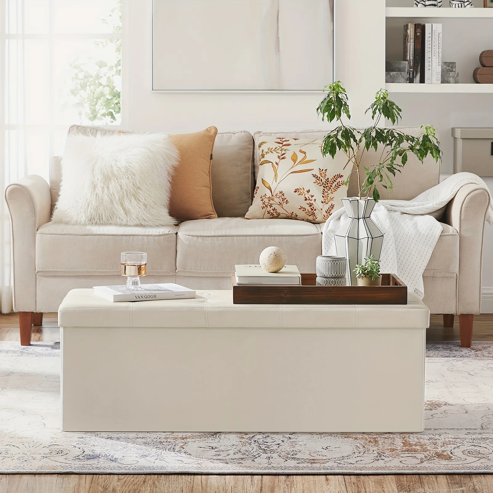 SONGMICS 43 Inches Folding Storage Ottoman Bench, Storage Chest, Footrest, Coffee Table, Padded Seat