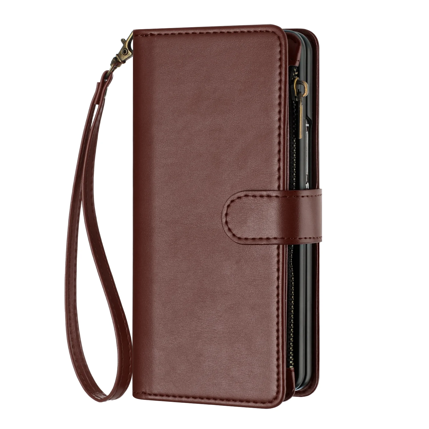 SaniMore Wallet Case for Samsung Galaxy Z Fold 3, RFID Blocking PU Leather Zipper Handbag Purse Flip Cover, Kickstand Folio Case with Card Slot Wrist Strap Lanyard for Samsung Z Fold 3, Brown