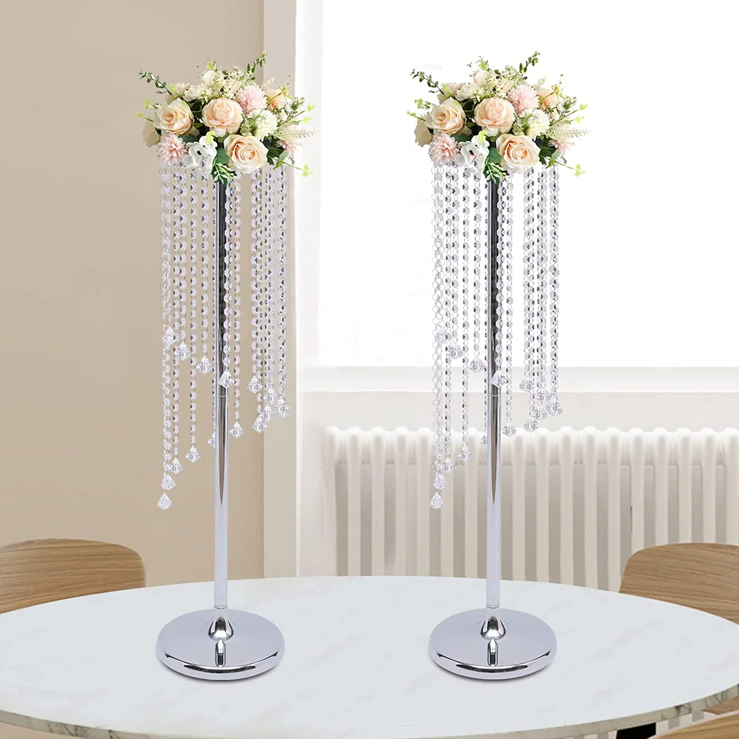 FETCOI 2 Pieces Wedding Centerpieces Gold Vases, 35.4in Tall Crystal Flower Vase Metal Flowers Stand Elegant Bulk Weddings Decoration Table Chandelier Centerpiece Stands