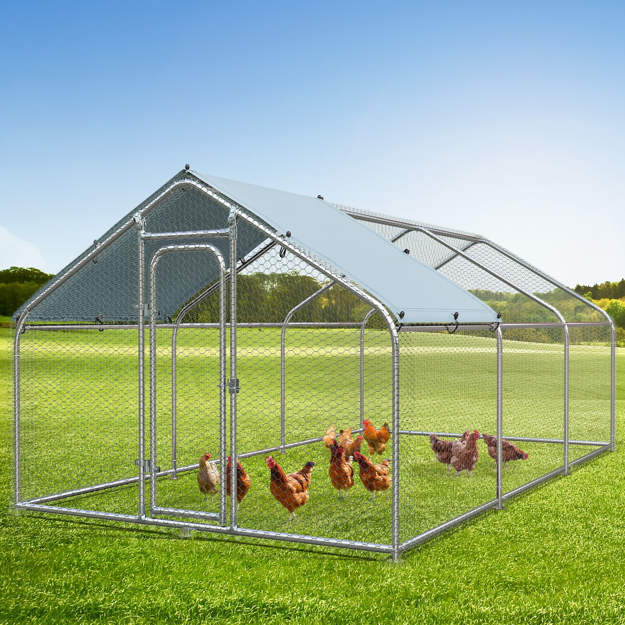 Large Metal Chicken Coop Walk-in Poultry Cage Hen Run with Waterproof and Anti-Ultraviolet Cover