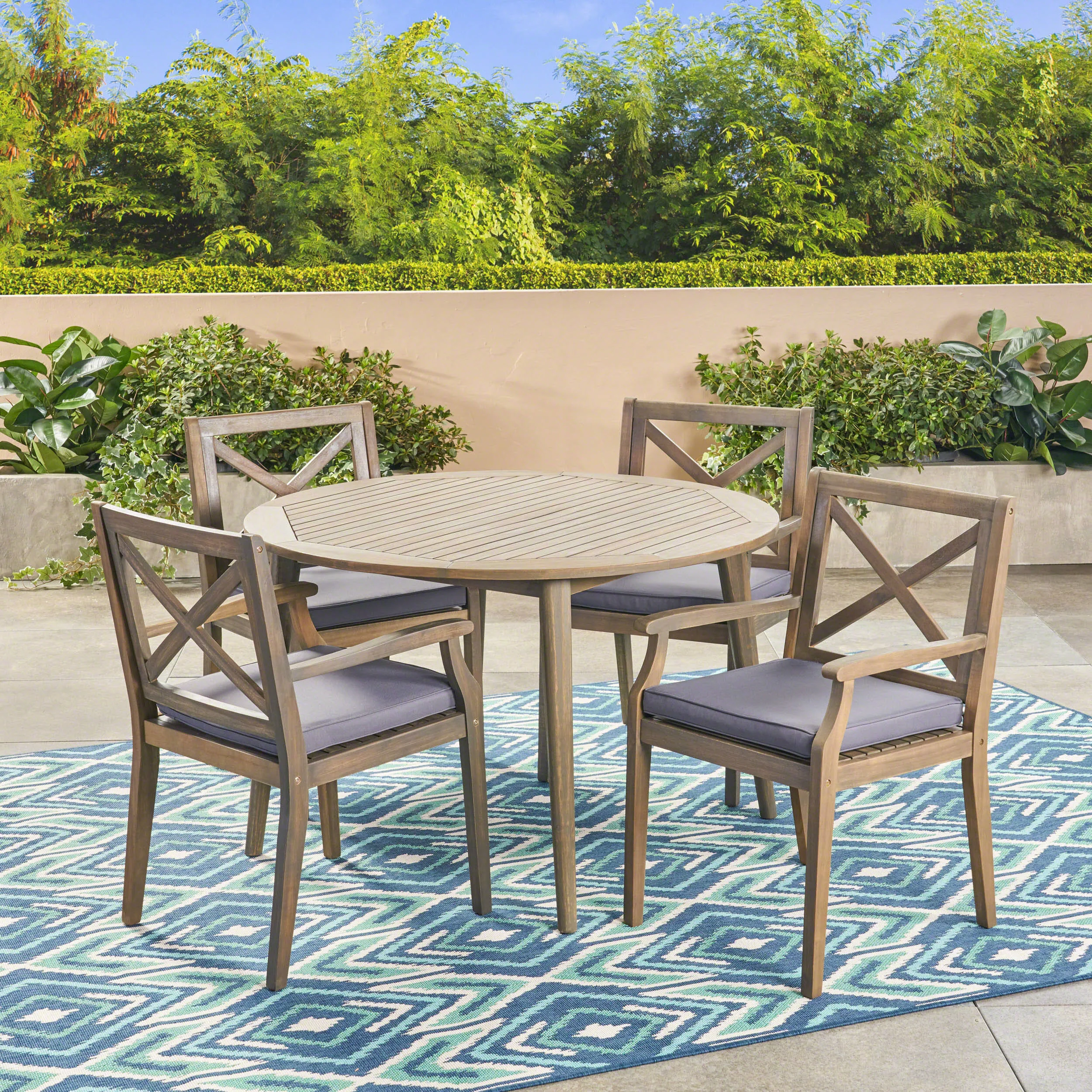 GDF Studio Lemyra Outdoor Acacia Wood 5 Piece Dining Set with Cushions, Gray and Dark Gray