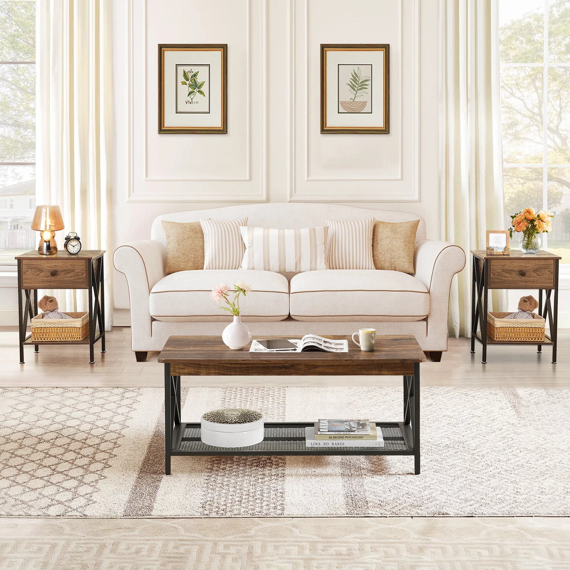 VECELO 3-Piece Occasional Table Set with Coffee Table + 2 End Tables, Brown