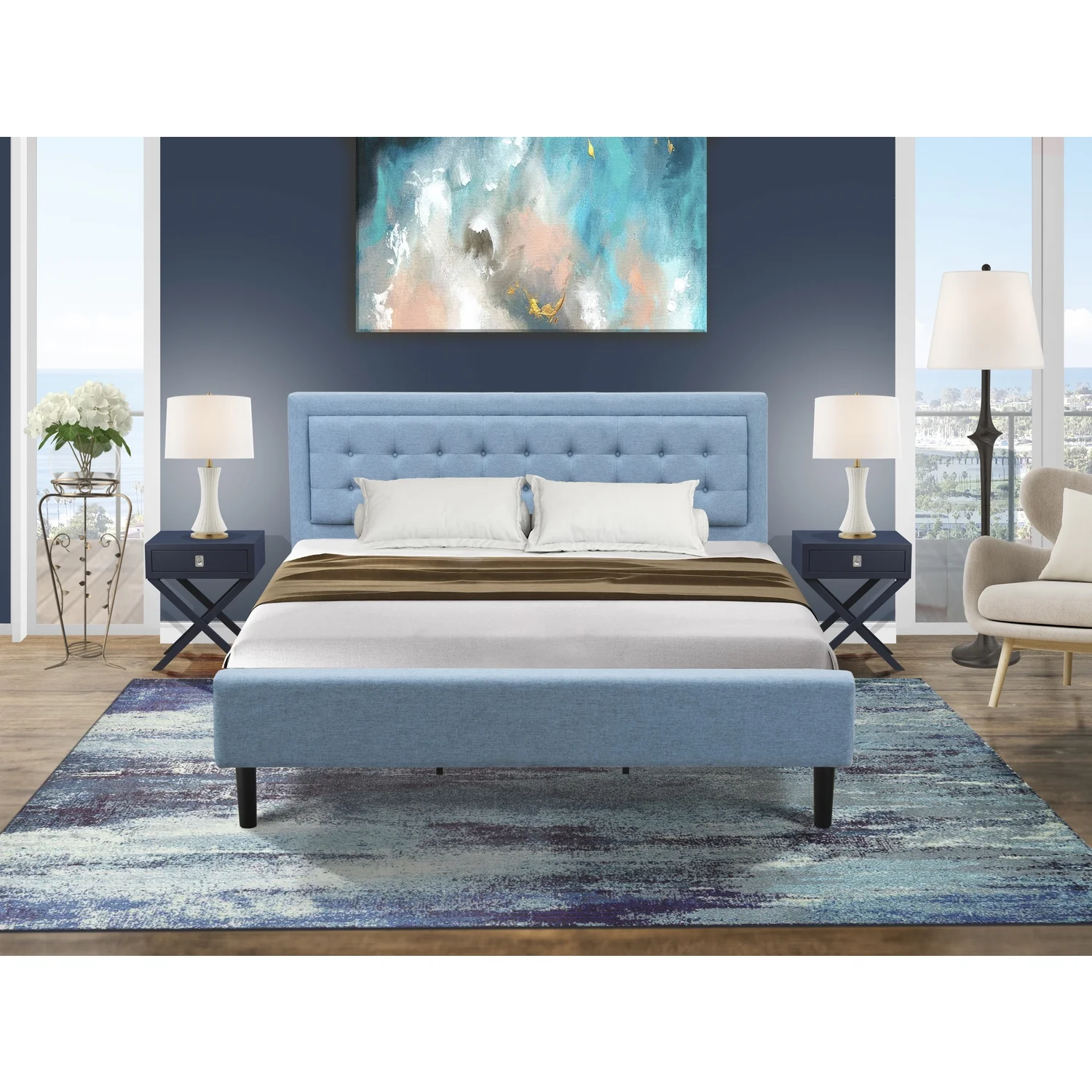 East West Furniture 3-piece Wood Platform Bedroom Set in Denim Blue/Navy Blue
